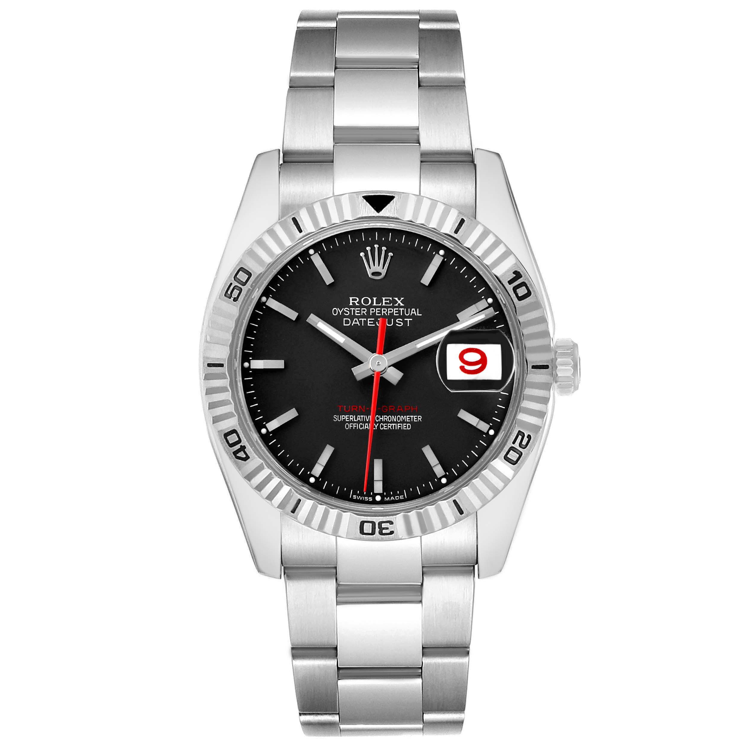 The Rolex Turn-o-Graph 116264 Men's Stainless Steel Black Dial watch is shown from a top-down angle, displaying the bracelet, bezel, and dial with date display.