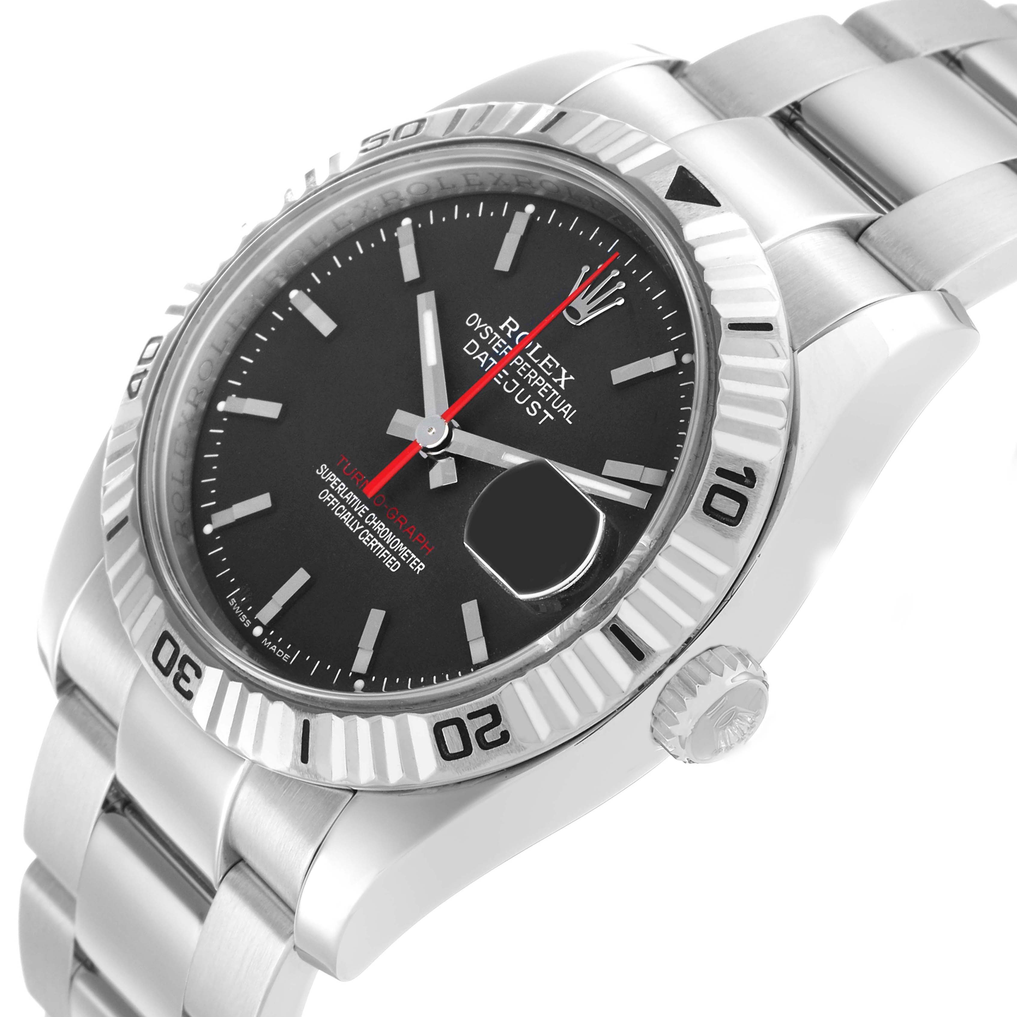 The Rolex Turn-o-Graph 116264 Men's Stainless Steel Black Dial watch is shown at an angle highlighting the bezel, dial, and bracelet with a focus on the date magnifier.