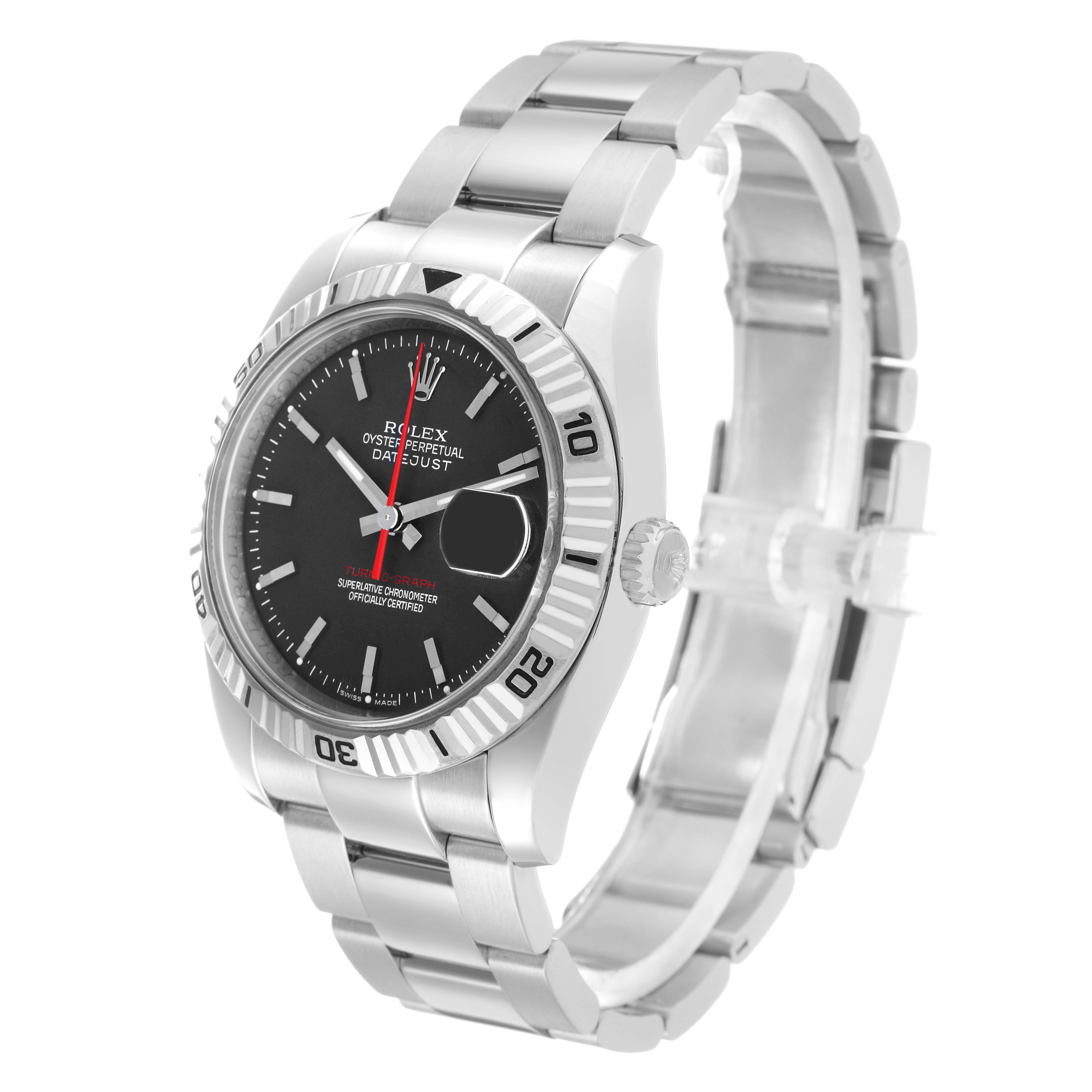 The Rolex Turn-o-Graph 116264 Men's Stainless Steel Black Dial watch is shown at a slight angle, highlighting the bezel, dial, case, and bracelet.