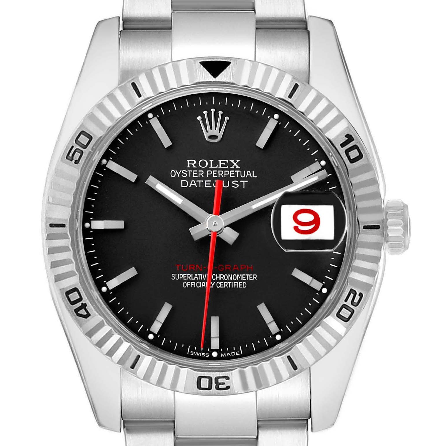 The Rolex Turn-o-Graph 116264 Men's Stainless Steel Black Dial watch is shown from a front angle, displaying its dial, bezel, hands, and bracelet.