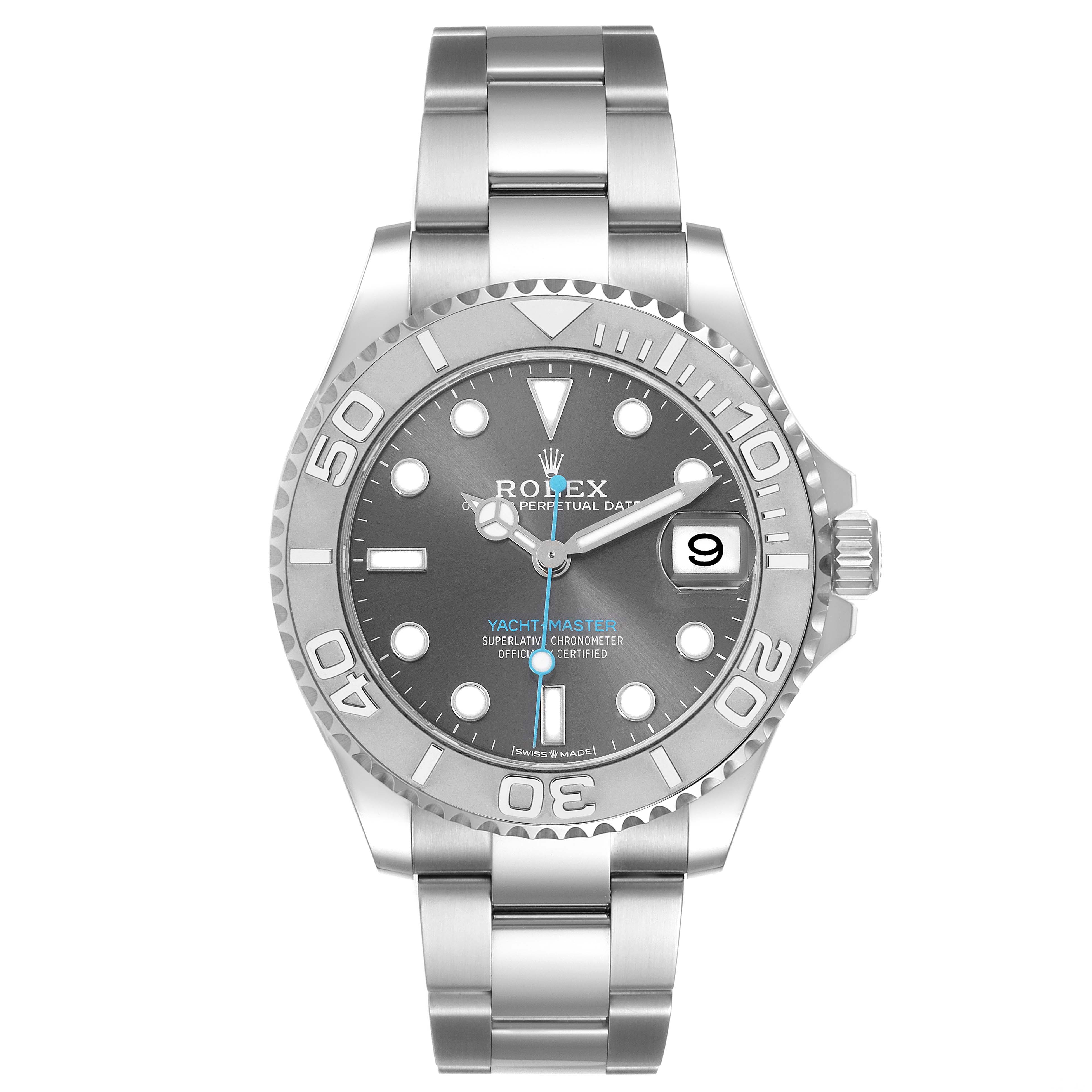 The Rolex Yacht-Master 268622 Men's Stainless Steel Grey Dial 268622 Men's Stainless Steel Grey Dial watch is shown from the front, displaying its face, bezel, and bracelet.