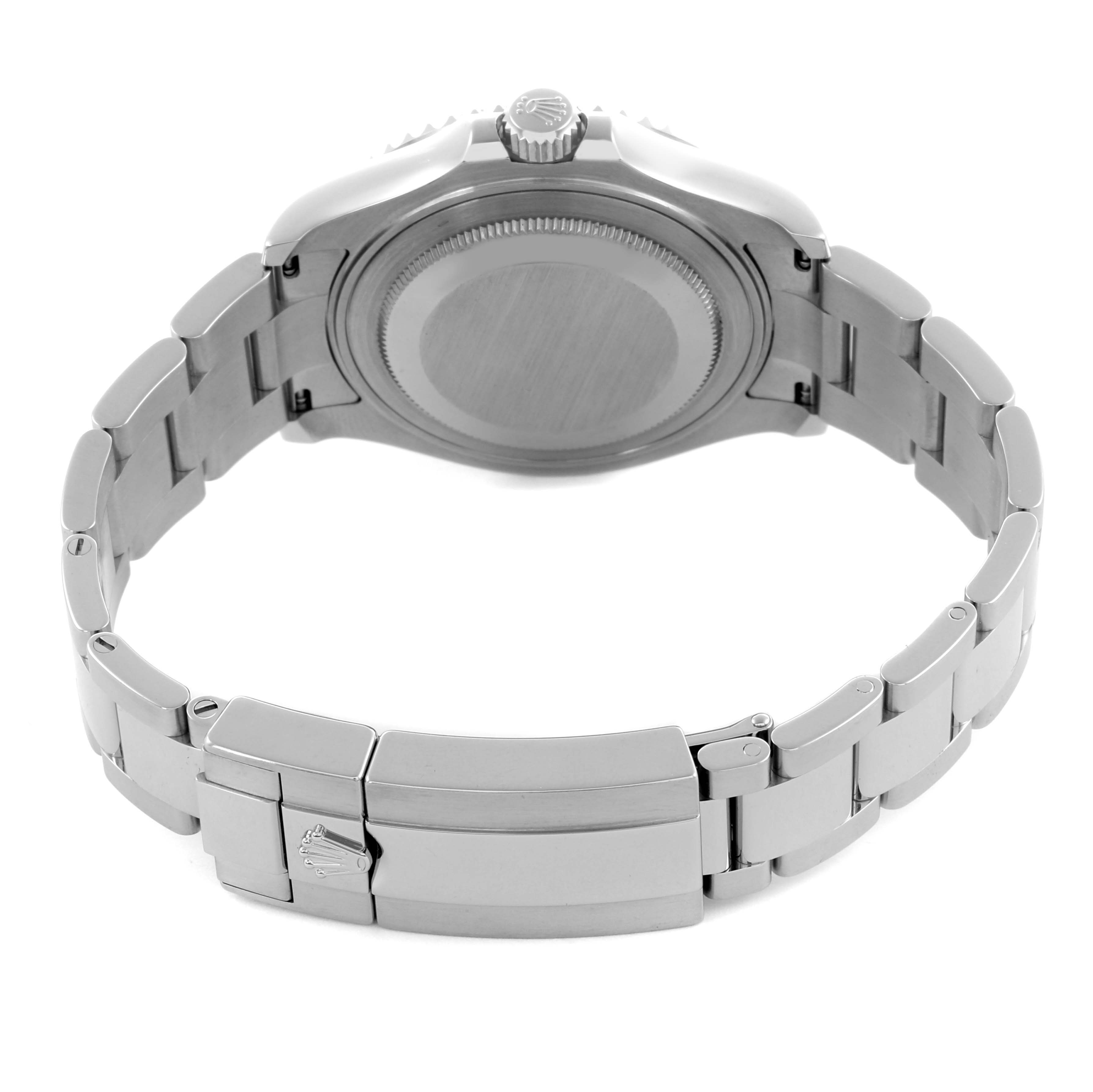 The Rolex Yacht-Master 268622 Men's Stainless Steel Grey Dial 268622 Men's Stainless Steel Grey Dial watch is shown from the back, displaying the case back and stainless steel bracelet with clasp.