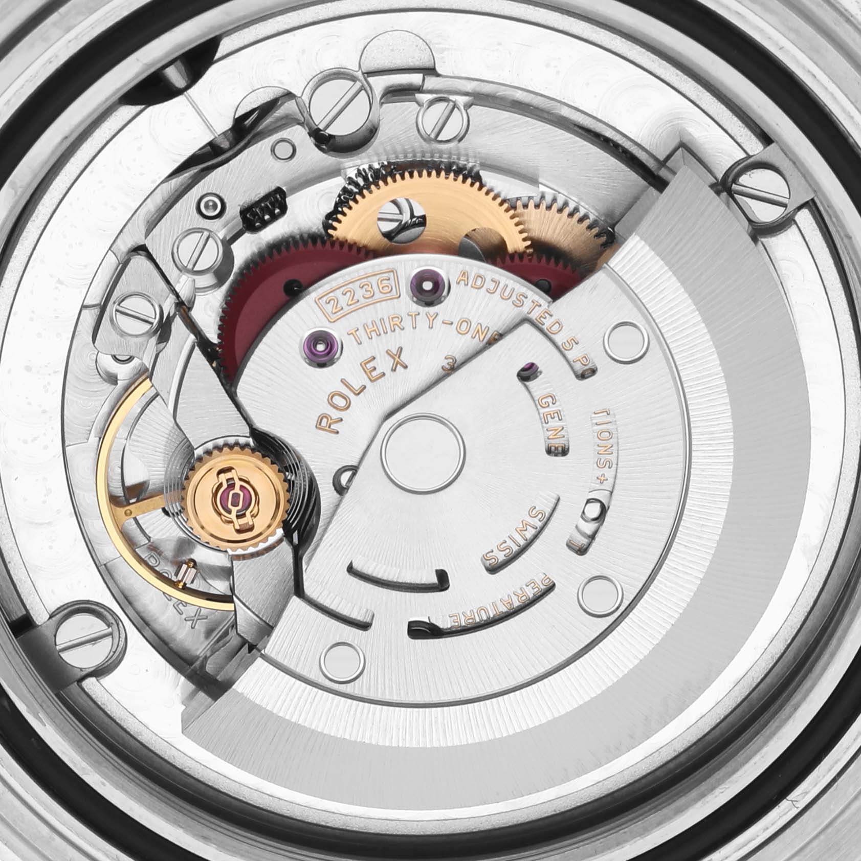 The image shows the internal mechanism of a Rolex Yacht-Master 268622 Men's Stainless Steel Grey Dial 268622 Men's Stainless Steel Grey Dial watch, highlighting gears and movements.