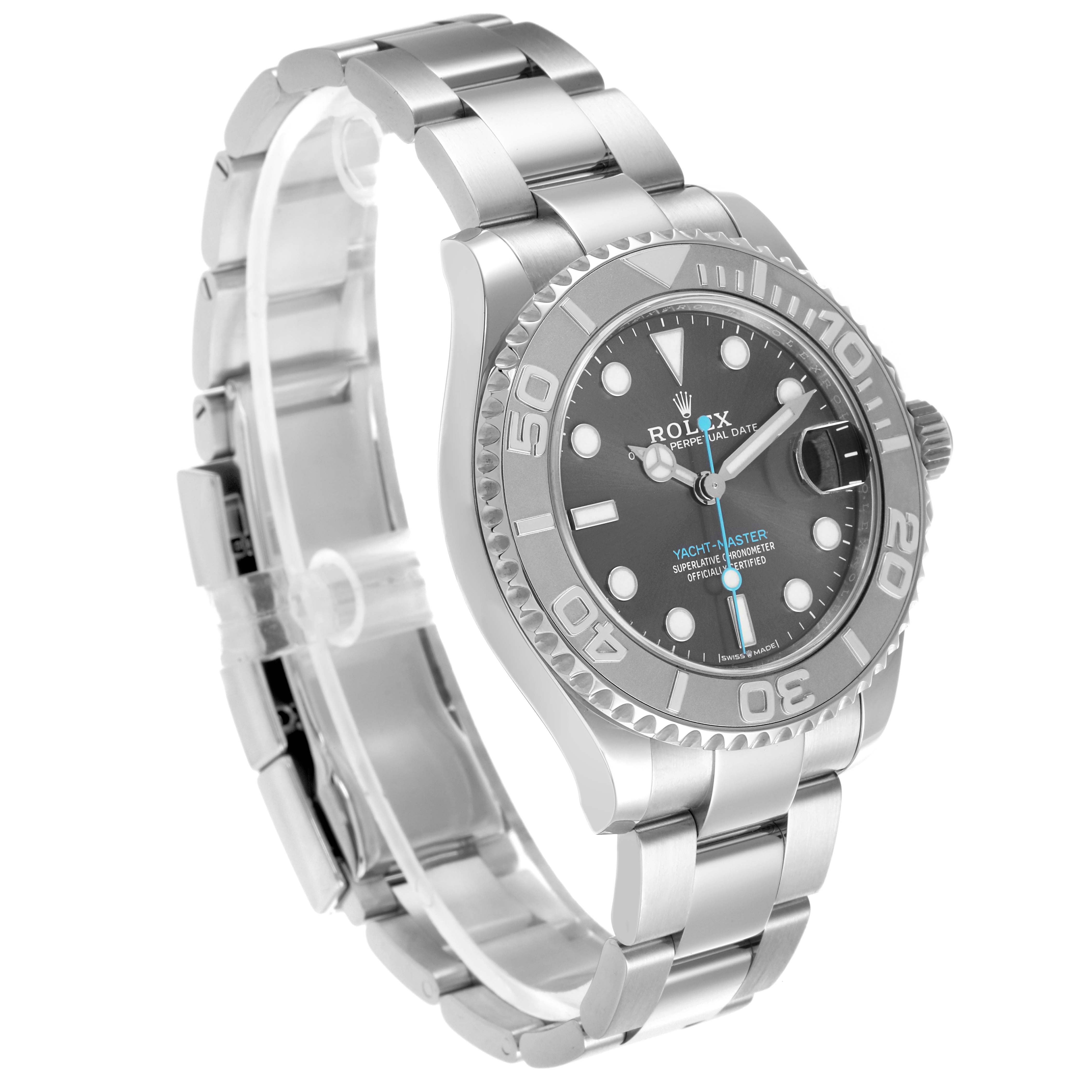 The Rolex Yacht-Master 268622 Men's Stainless Steel Grey Dial 268622 Men's Stainless Steel Grey Dial watch is shown at a three-quarter angle, displaying the face, bezel, and stainless steel bracelet.