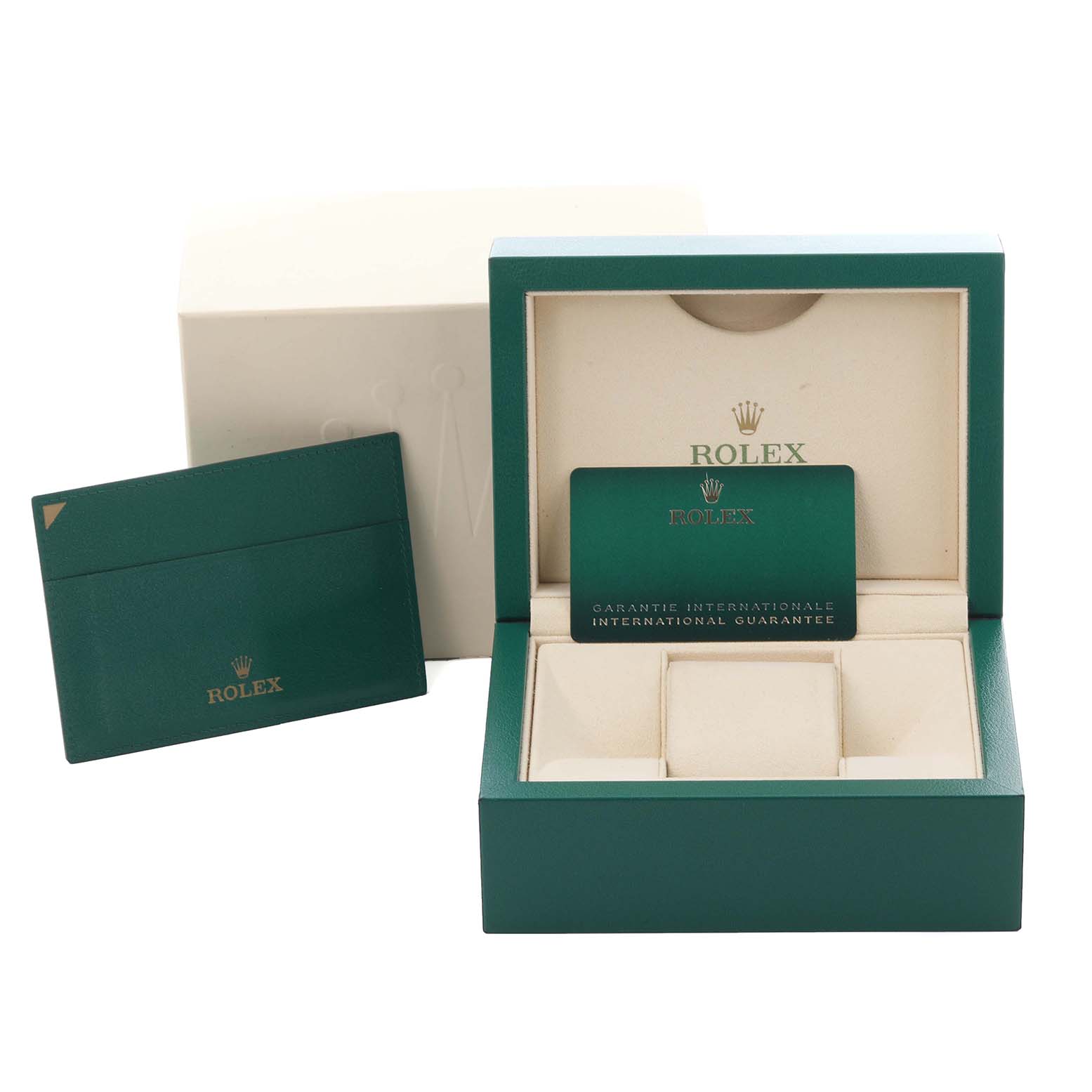 The image shows a Rolex Yacht-Master 268622 Men's Stainless Steel Grey Dial 268622 Men's Stainless Steel Grey Dial watch box with international guarantee cards.