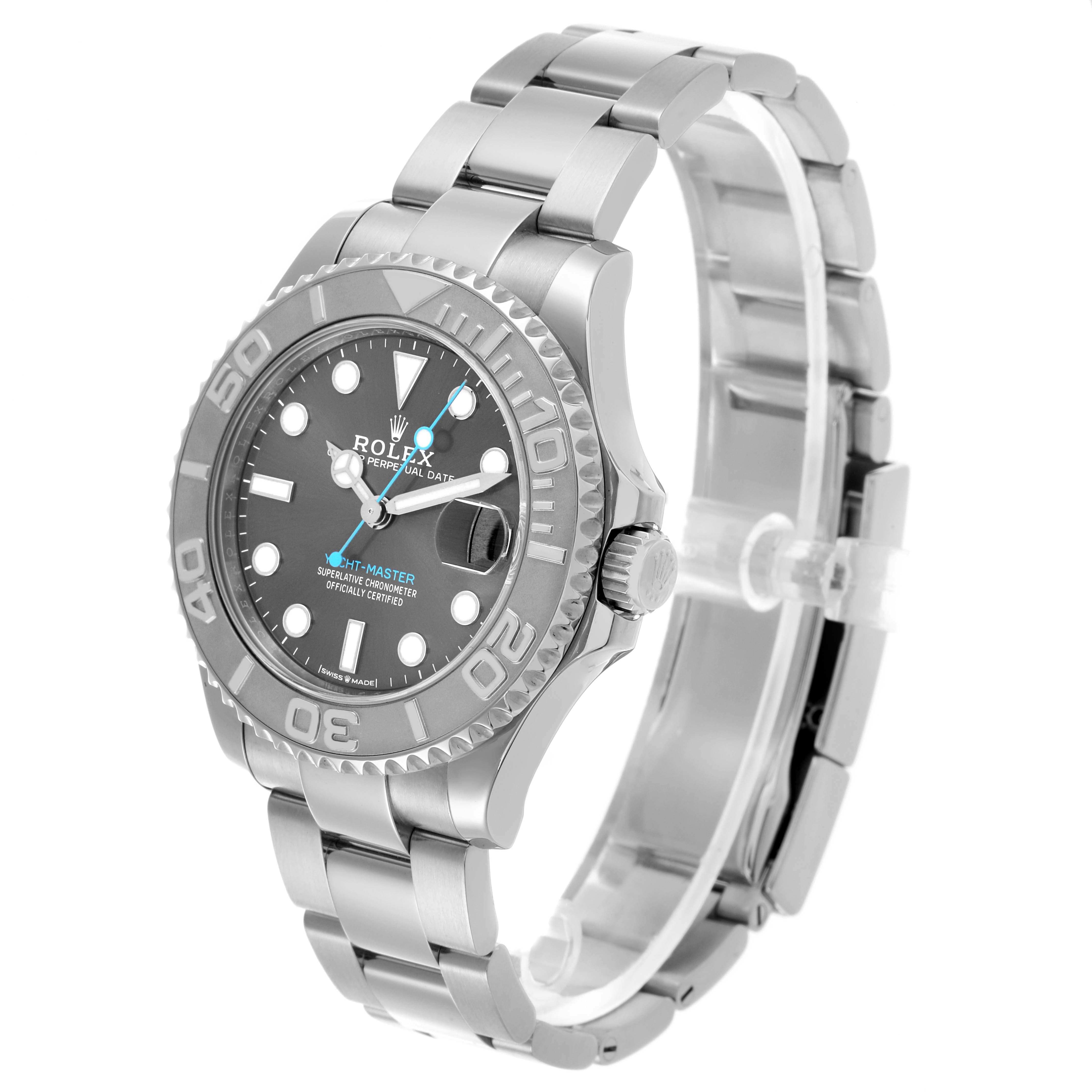 The Rolex Yacht-Master 268622 Men's Stainless Steel Grey Dial 268622 Men's Stainless Steel Grey Dial watch is shown at a three-quarter angle, highlighting the face, bezel, and bracelet.