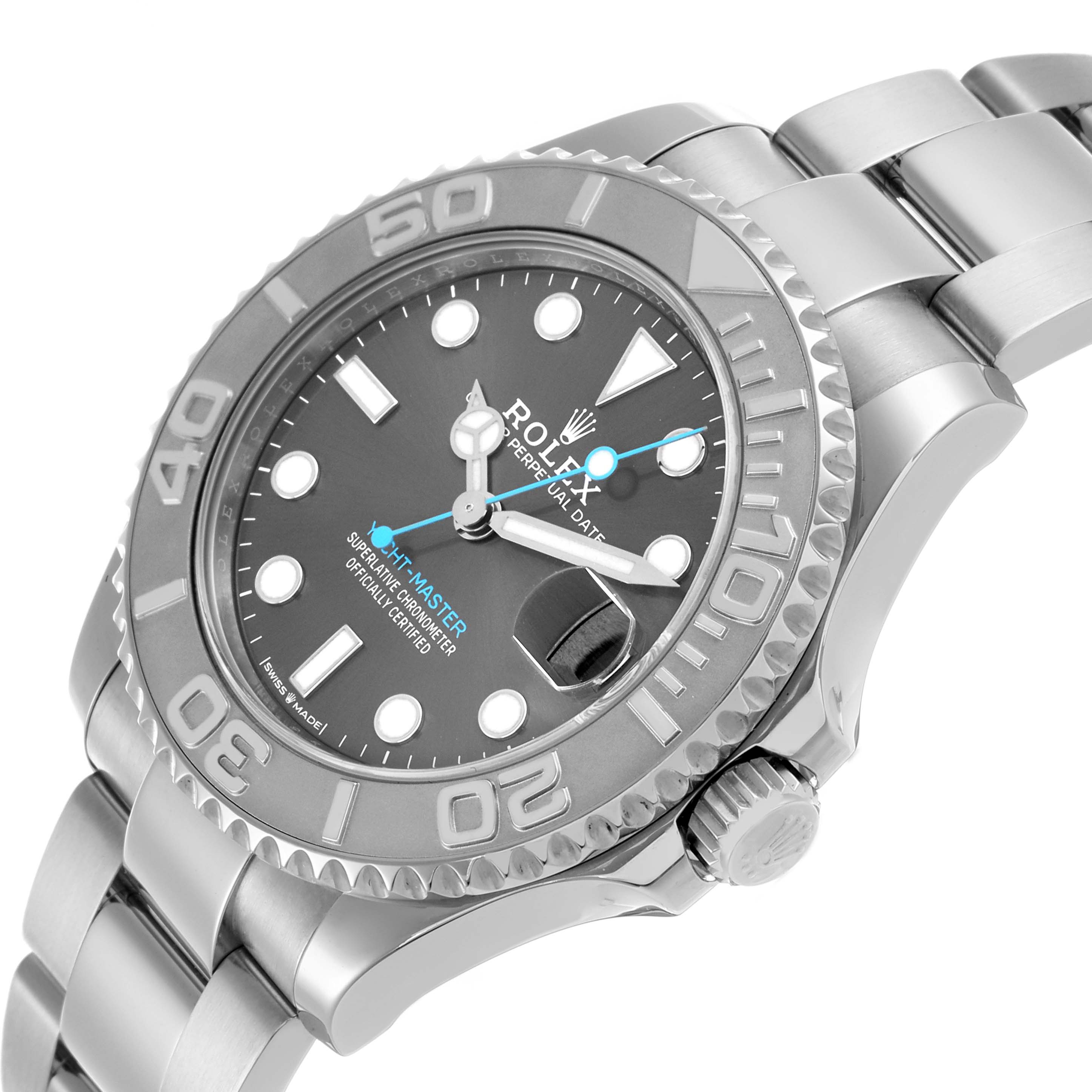 The Rolex Yacht-Master 268622 Men's Stainless Steel Grey Dial 268622 Men's Stainless Steel Grey Dial watch is shown at an angled view highlighting the dial, bezel, case, and partial bracelet.