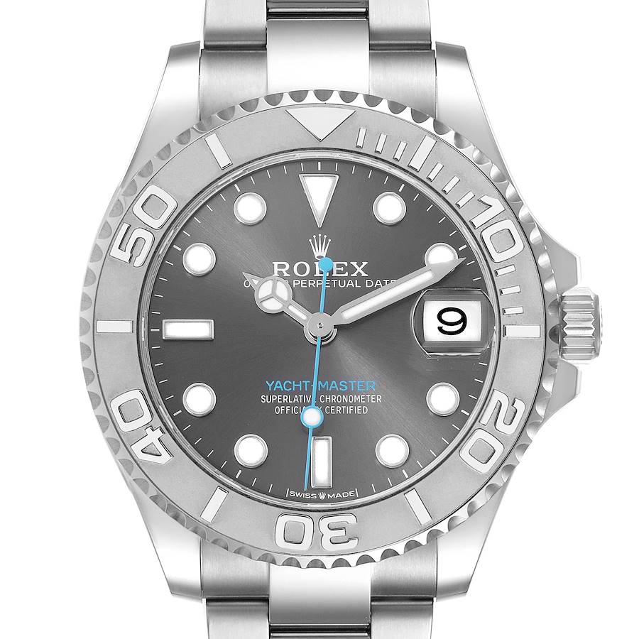 The Rolex Yacht-Master watch is shown from a front angle, displaying its dial, bezel, and part of the bracelet.