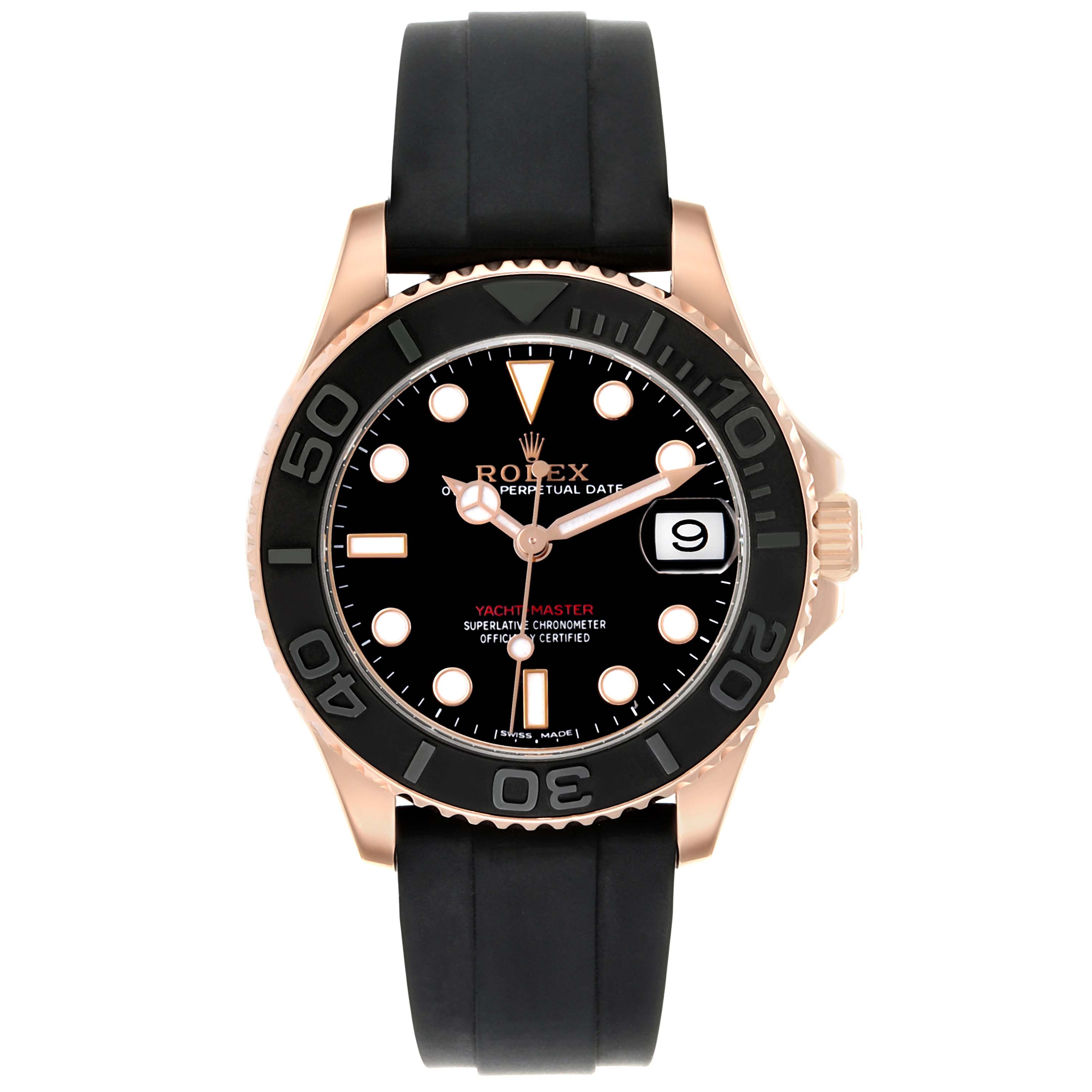 The Rolex Yacht-Master 268655 Men's Rose Gold Black Dial watch is shown from the front, displaying the face, bezel, strap, and crown.