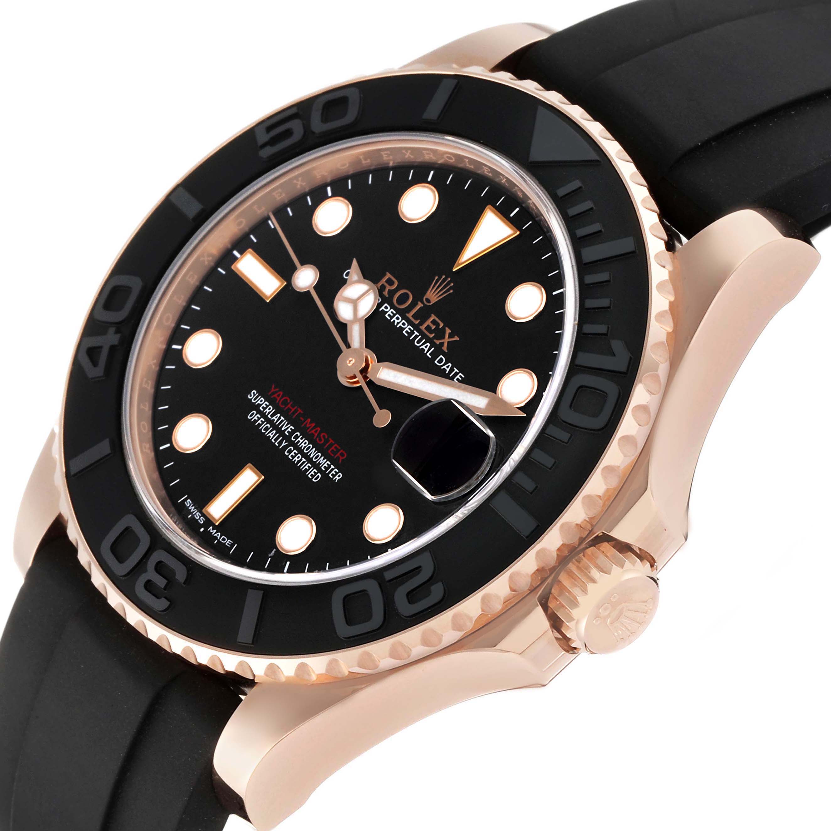 The Rolex Yacht-Master 268655 Men's Rose Gold Black Dial watch is shown at an angle highlighting the bezel, crown, and face details.