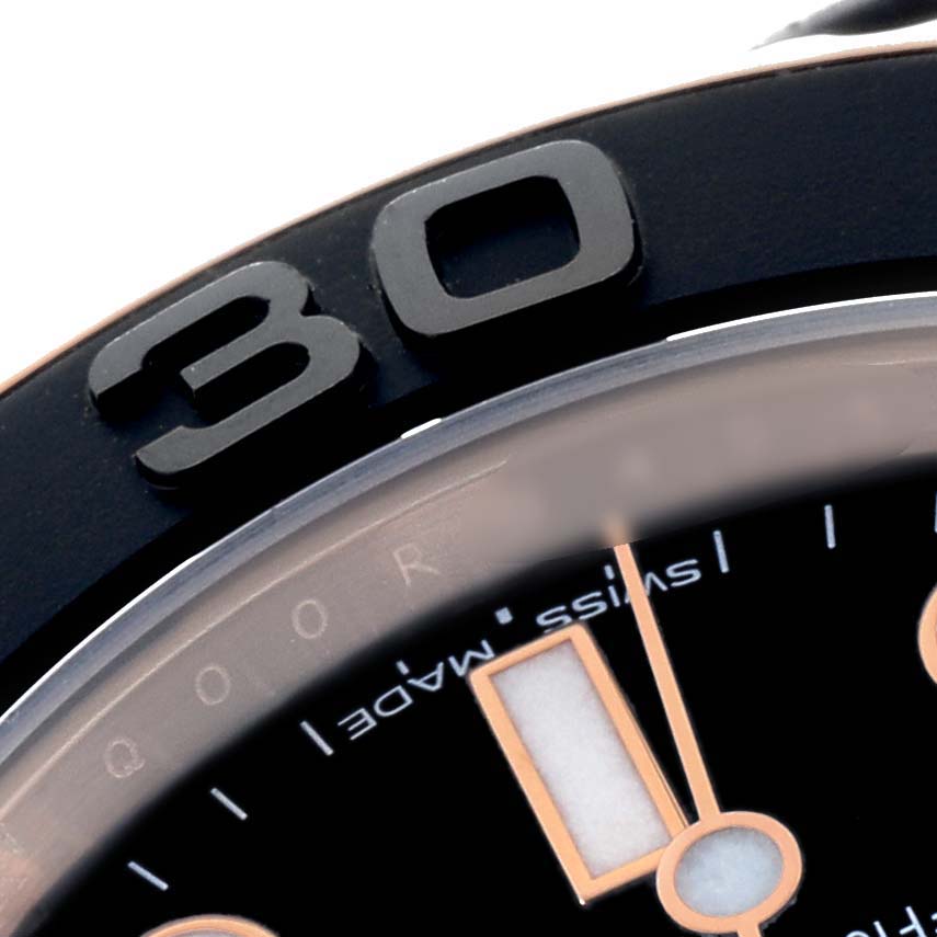 The image shows a close-up of the bezel and part of the dial of a Rolex Yacht-Master 268655 Men's Rose Gold Black Dial, highlighting the "30" marker.