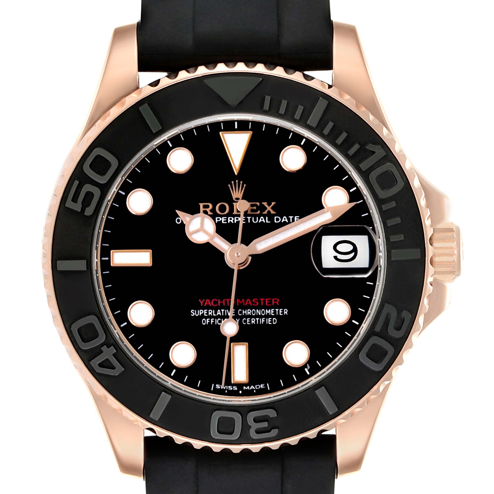 The Rolex Yacht-Master 268655 Men's Rose Gold Black Dial watch is shown from a frontal angle, highlighting the bezel, dial, and rubber strap.