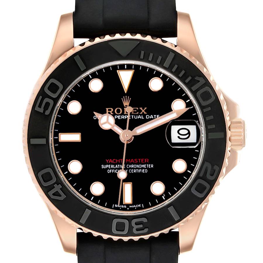 The Rolex Yacht-Master 268655 Men's Rose Gold Black Dial watch is shown from a frontal angle, highlighting the bezel, dial, and rubber strap.