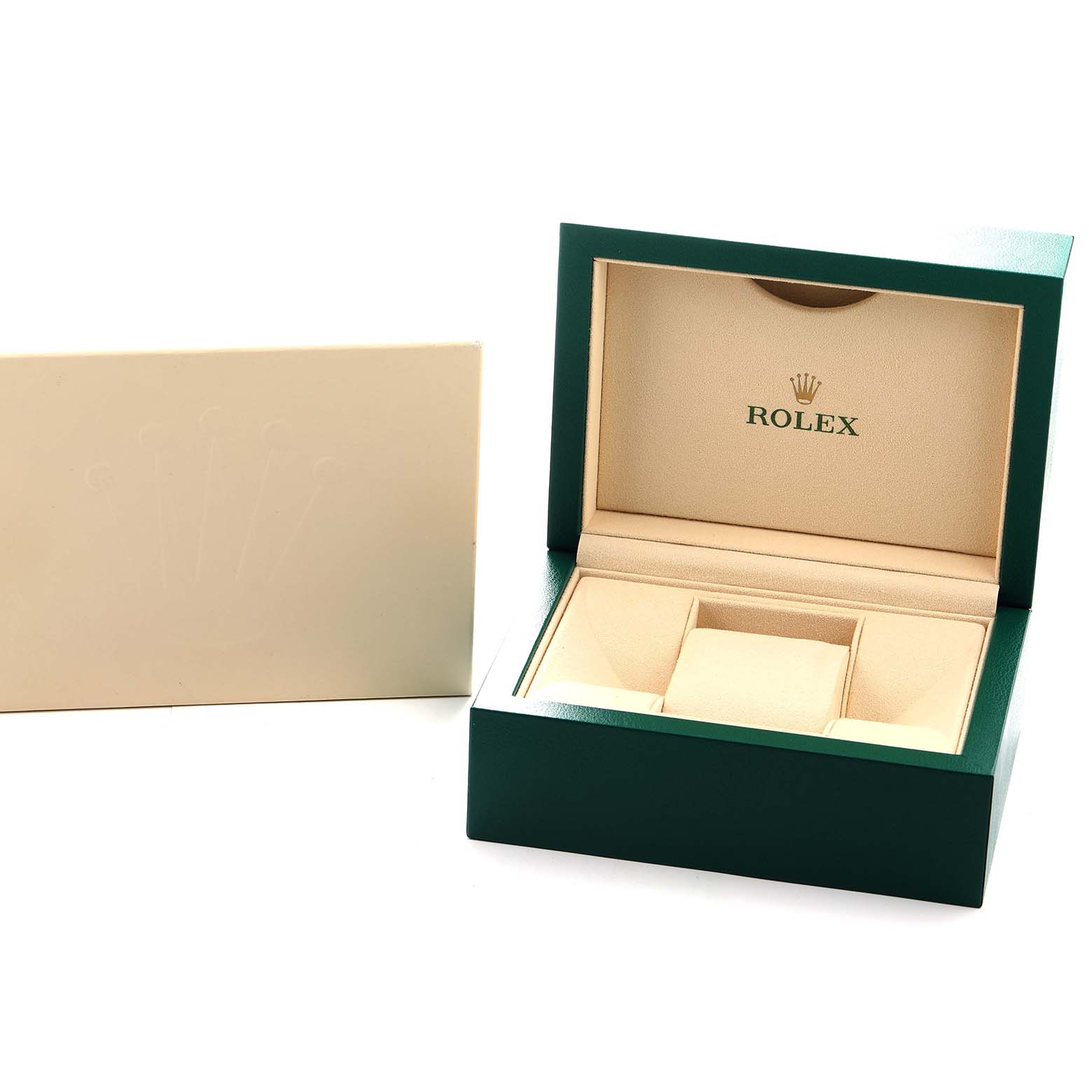 The image shows an open Rolex watch box for the Yacht-Master model, with a separate outer cover to the side.