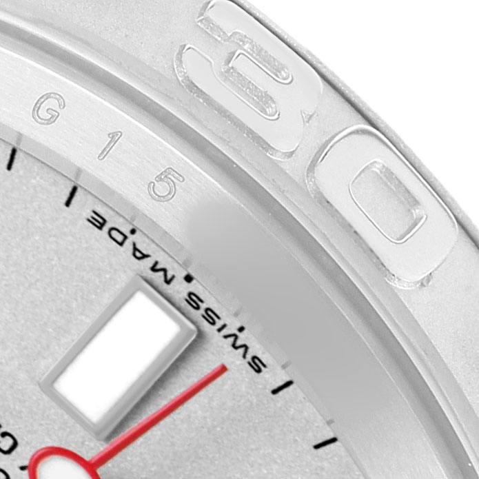 The image shows a close-up of the bezel and part of the dial of a Rolex Yacht-Master 16622 Men's Stainless Steel Silver Dial watch.