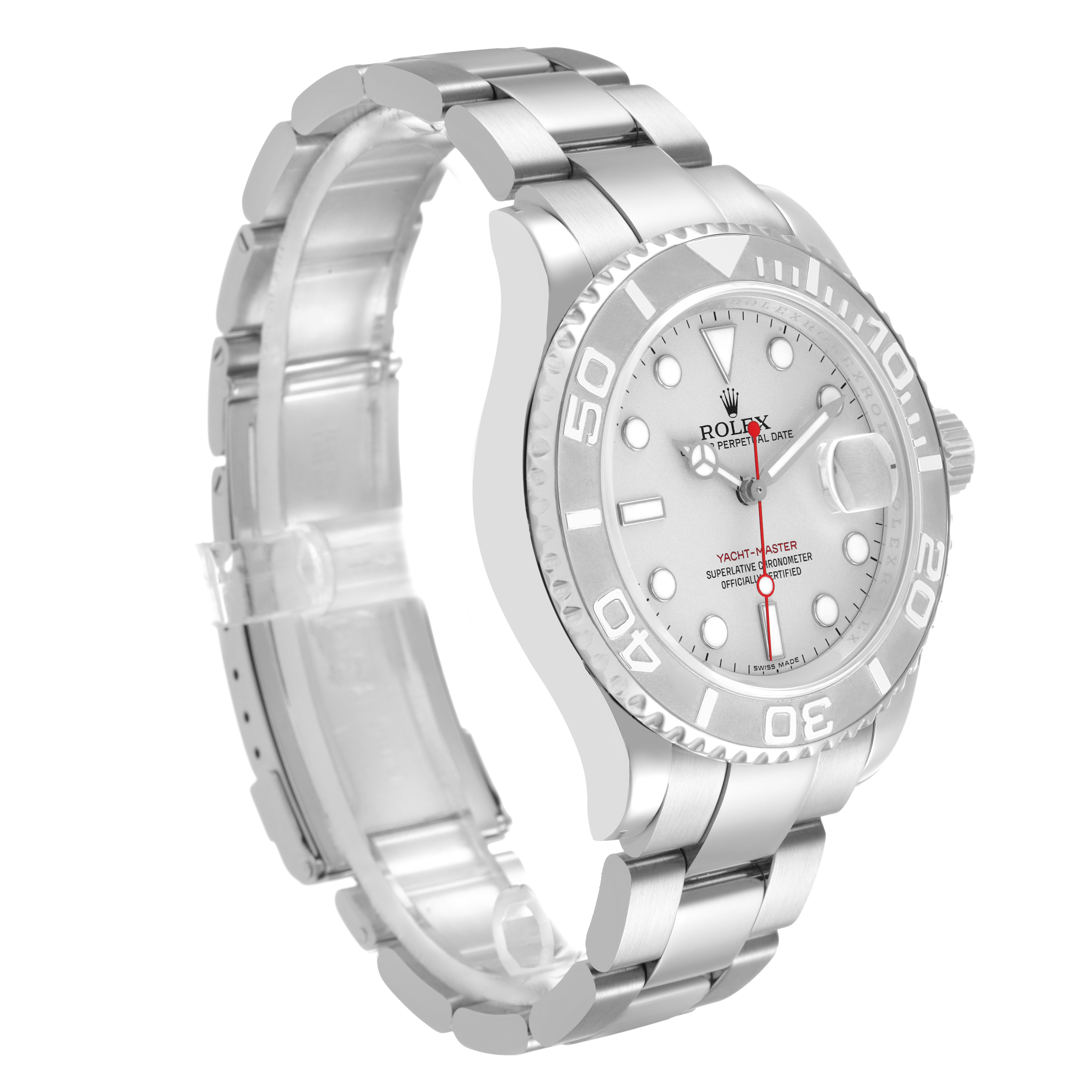 The Rolex Yacht-Master 16622 Men's Stainless Steel Silver Dial watch is shown at a side angle, displaying the face, bezel, and part of the band.