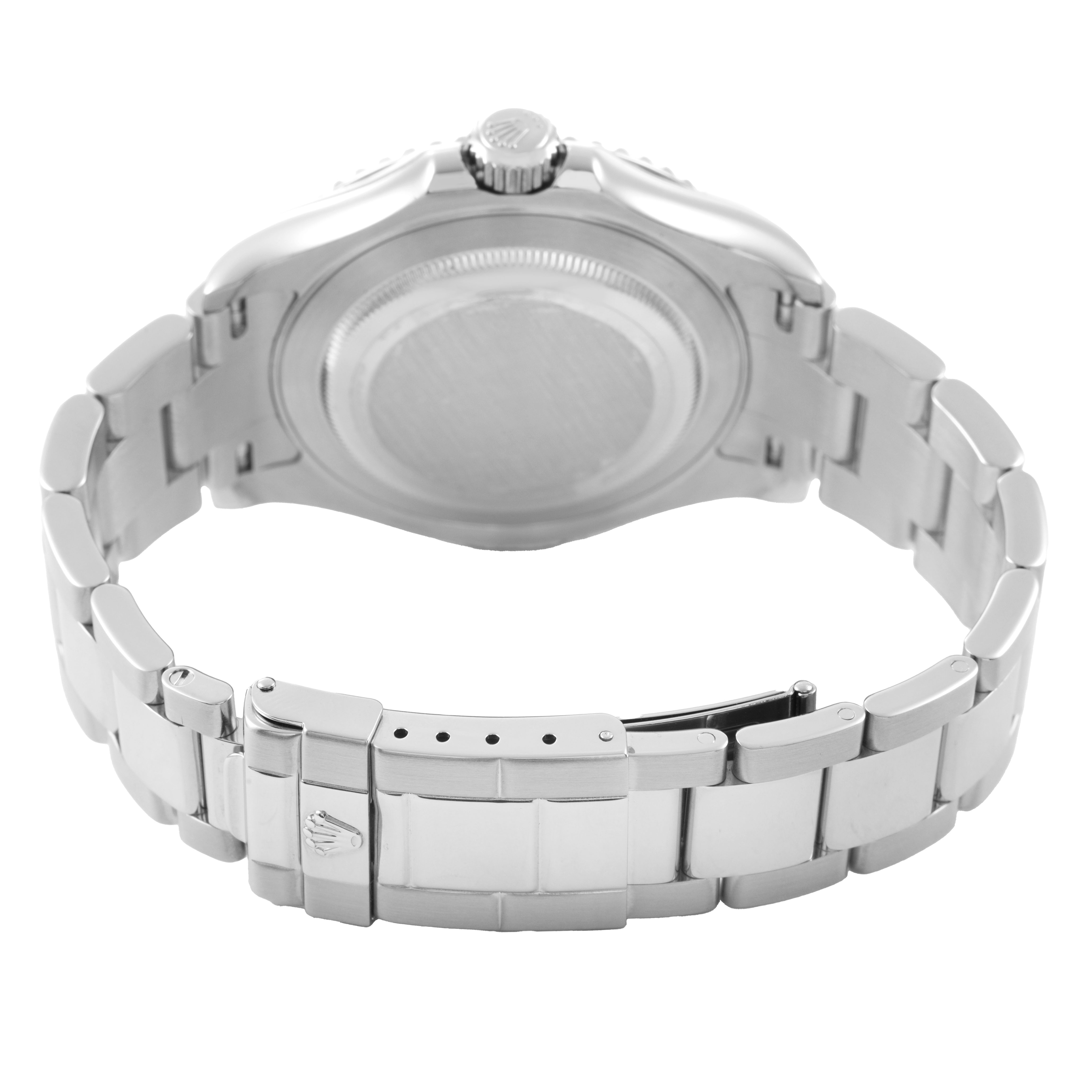 The Rolex Yacht-Master 16622 Men's Stainless Steel Silver Dial watch is shown from the back, highlighting the case back, bracelet, and clasp.
