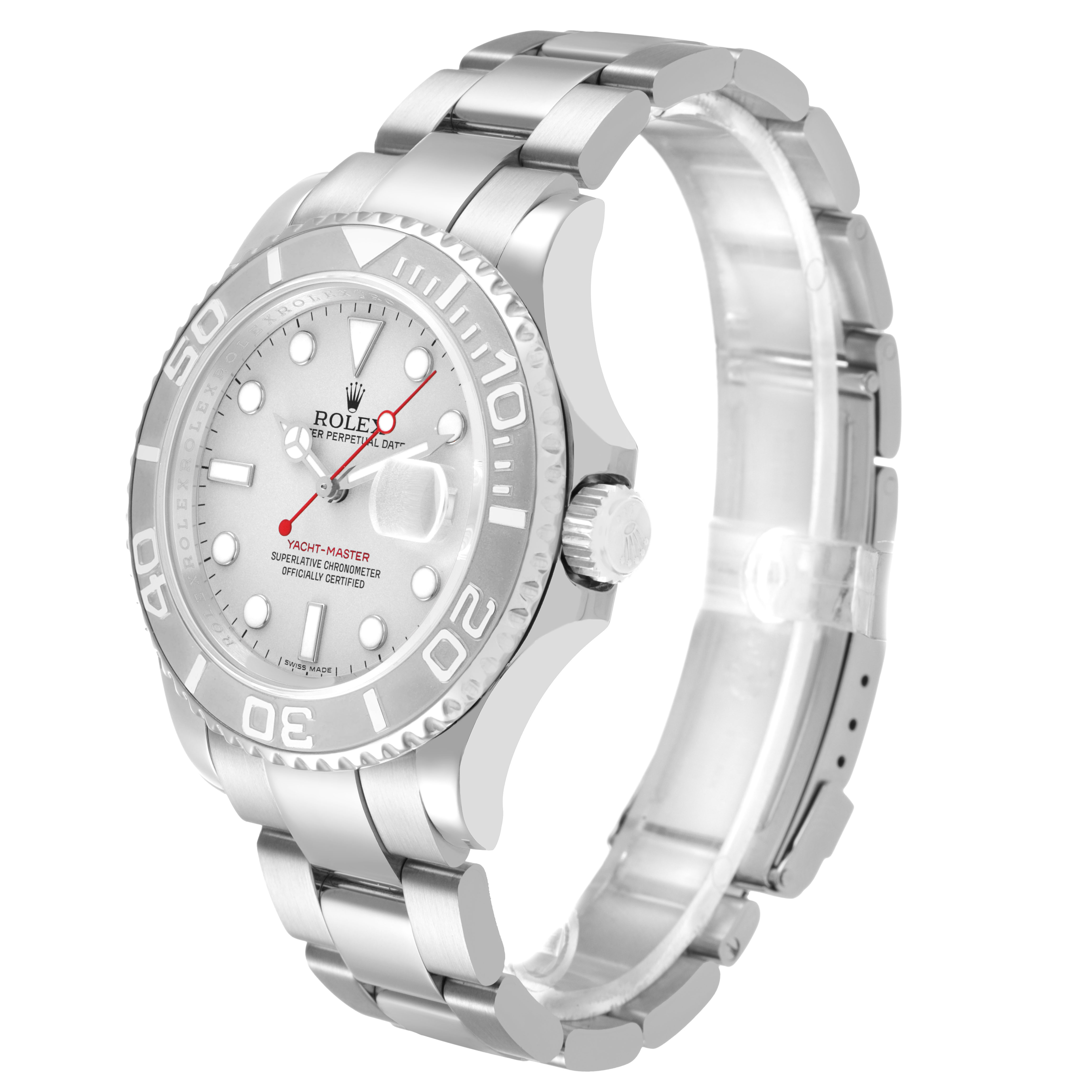 The Rolex Yacht-Master 16622 Men's Stainless Steel Silver Dial watch is shown at a slight diagonal angle, highlighting its bezel, dial, and metal bracelet.