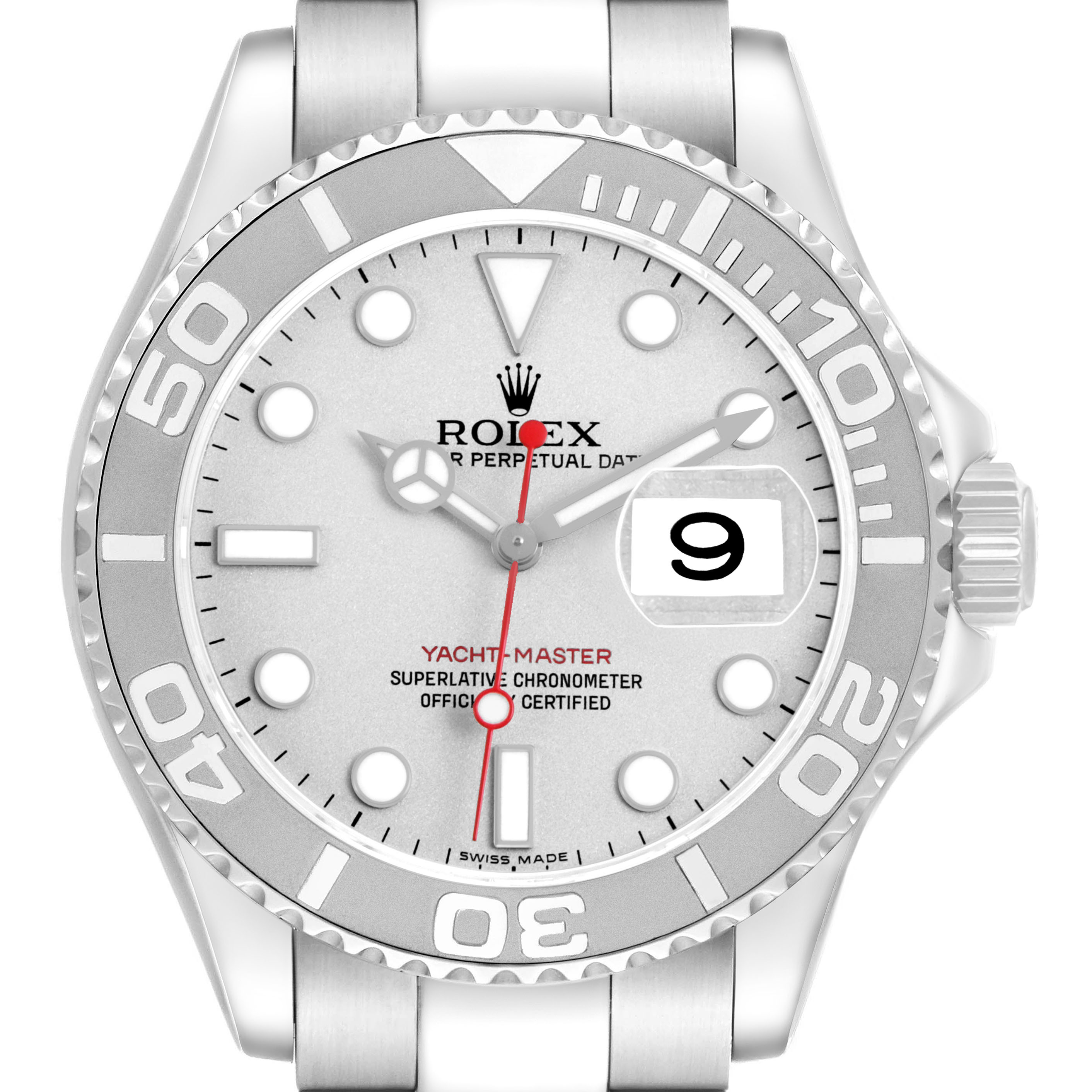 The Rolex Yacht-Master 16622 Men's Stainless Steel Silver Dial watch is shown from a frontal angle, highlighting the dial, hands, bezel, and date window.