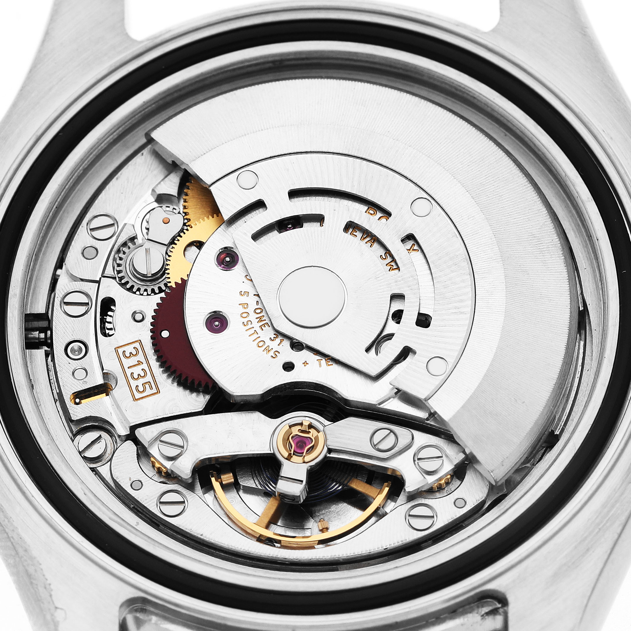 The image shows the movement of a Rolex Yacht-Master 16622 Men's Stainless Steel Silver Dial watch viewed from the back, revealing intricate gears and components.