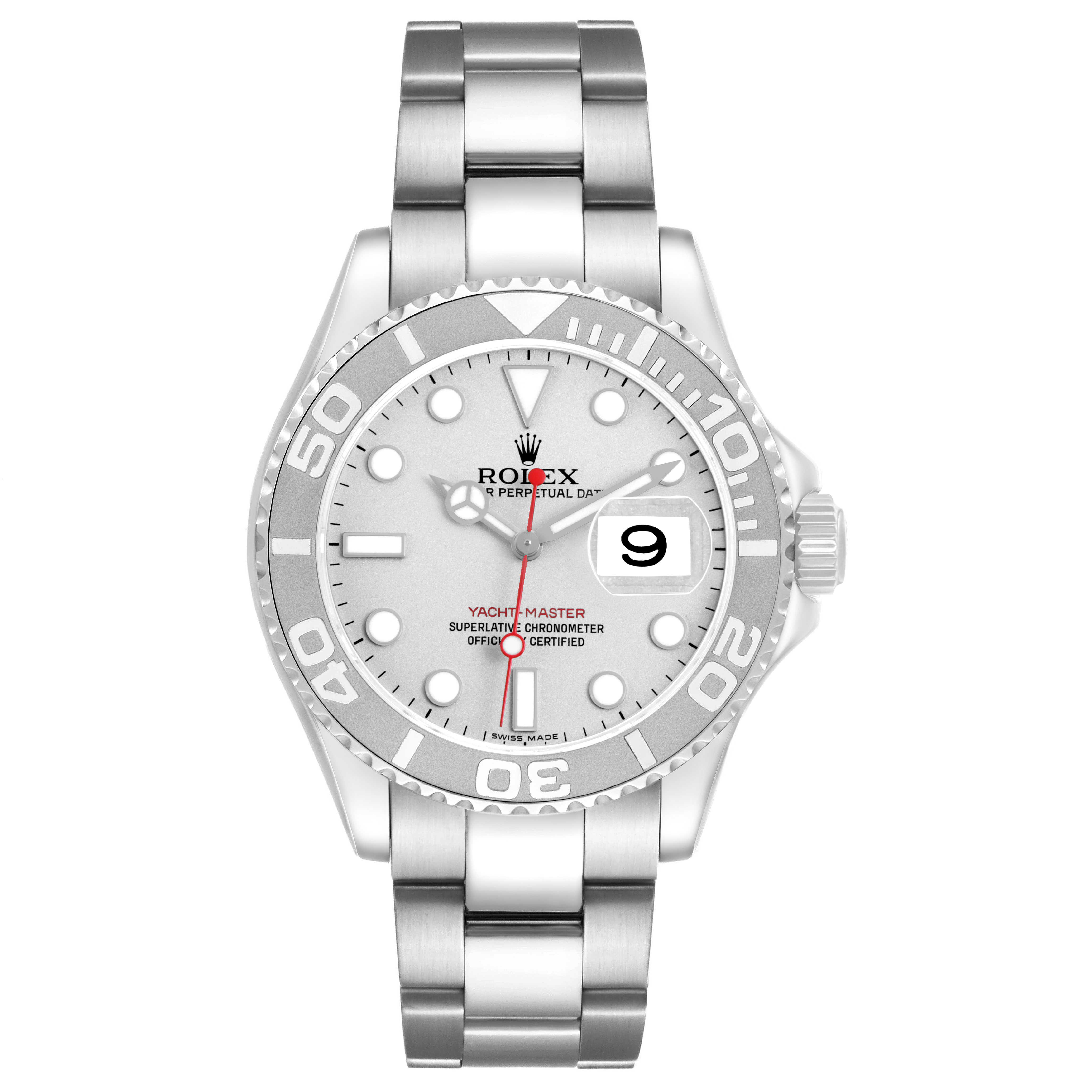 The Rolex Yacht-Master 16622 Men's Stainless Steel Silver Dial watch is shown from the front, displaying its dial, bezel, and bracelet.