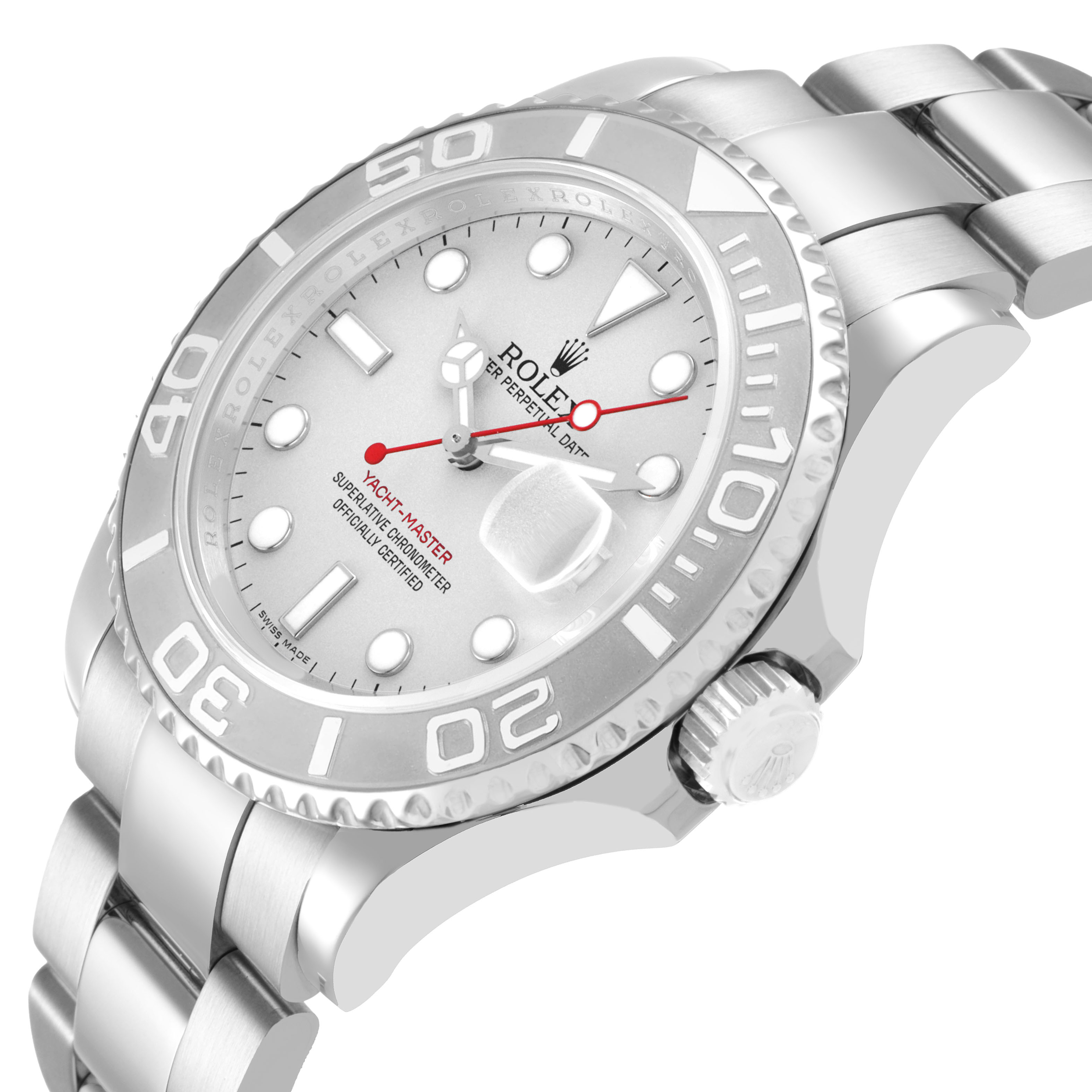 The Rolex Yacht-Master 16622 Men's Stainless Steel Silver Dial watch is shown at an angle displaying the face, bezel, crown, and part of the bracelet.