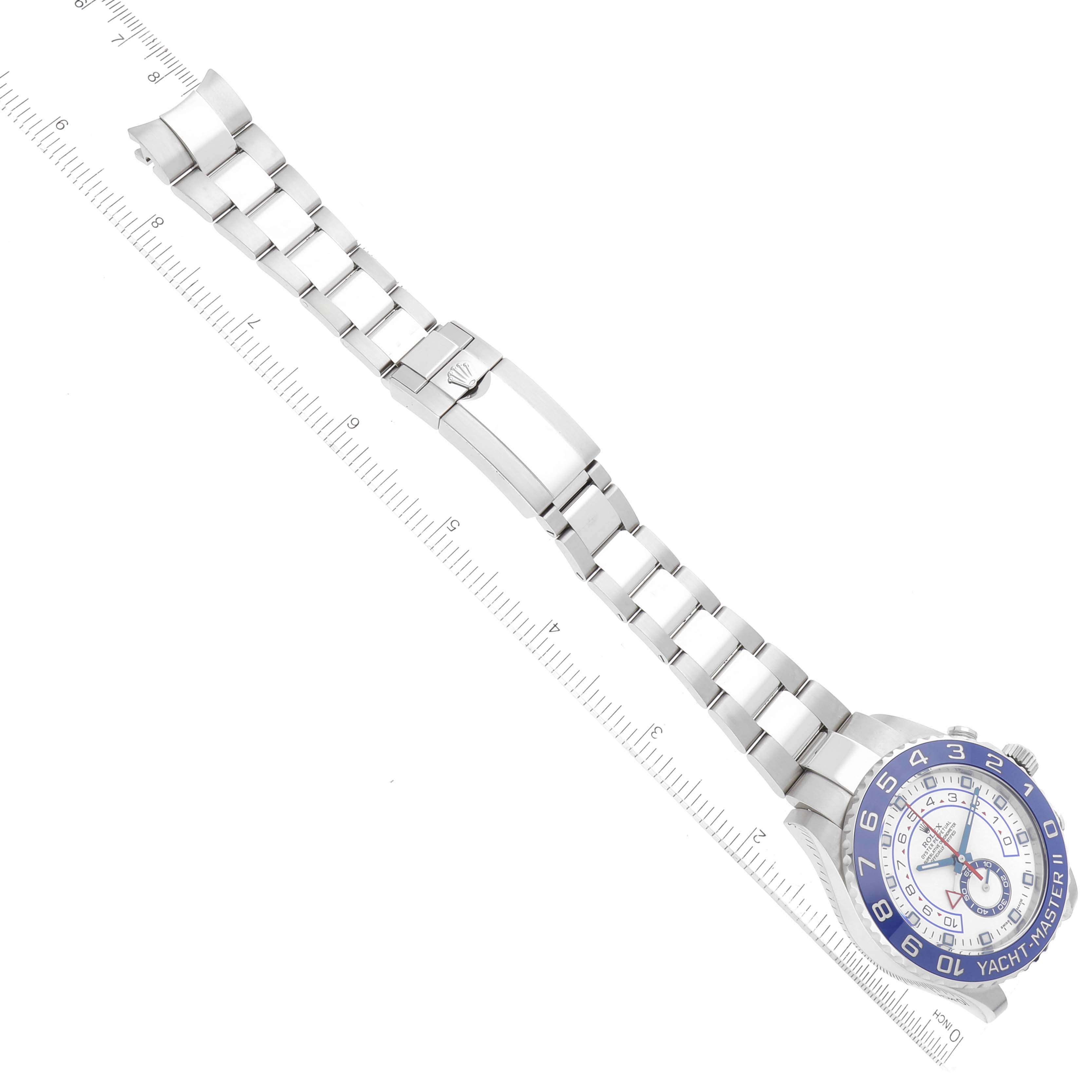 The image shows a top-view of a Rolex Yacht-Master 116680 Men
s Stainless Steel White Dial 116680 Men
s Stainless Steel White Dial II watch, including the face, bezel, bracelet, and clasp.