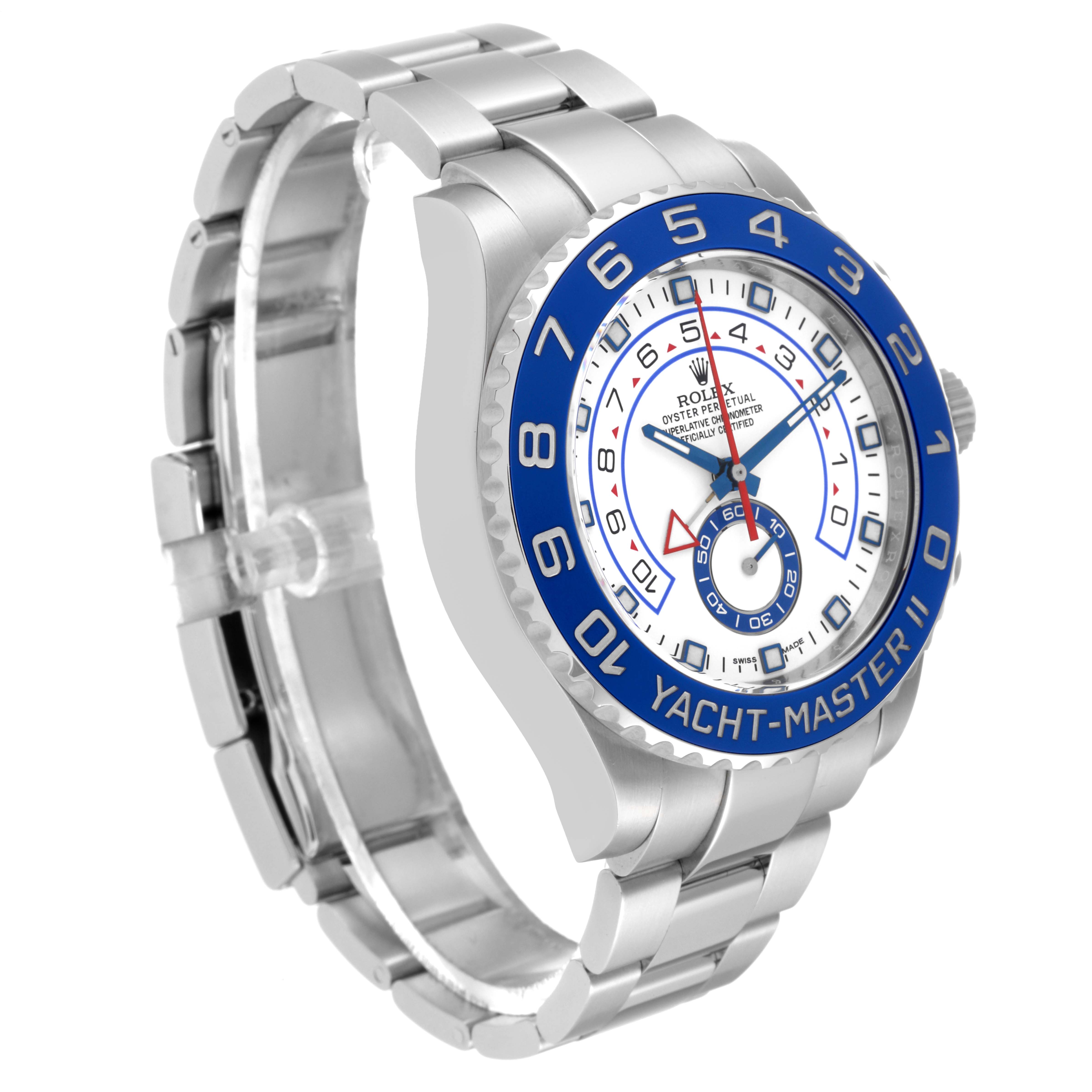 The Rolex Yacht-Master 116680 Men
s Stainless Steel White Dial 116680 Men
s Stainless Steel White Dial II watch is shown at an angled side view, highlighting the bracelet, case, dial, and bezel.