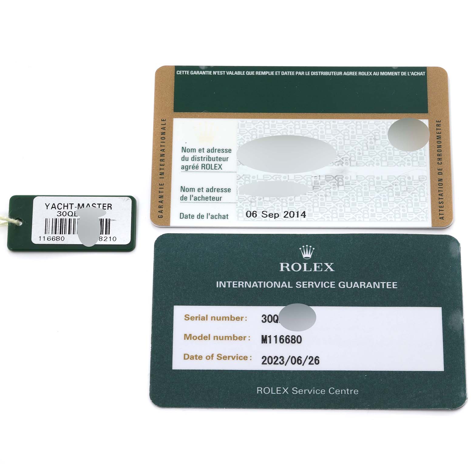 The image shows a hang tag and guarantee cards for a Rolex Yacht-Master 116680 Men
s Stainless Steel White Dial 116680 Men
s Stainless Steel White Dial model M116680 watch.