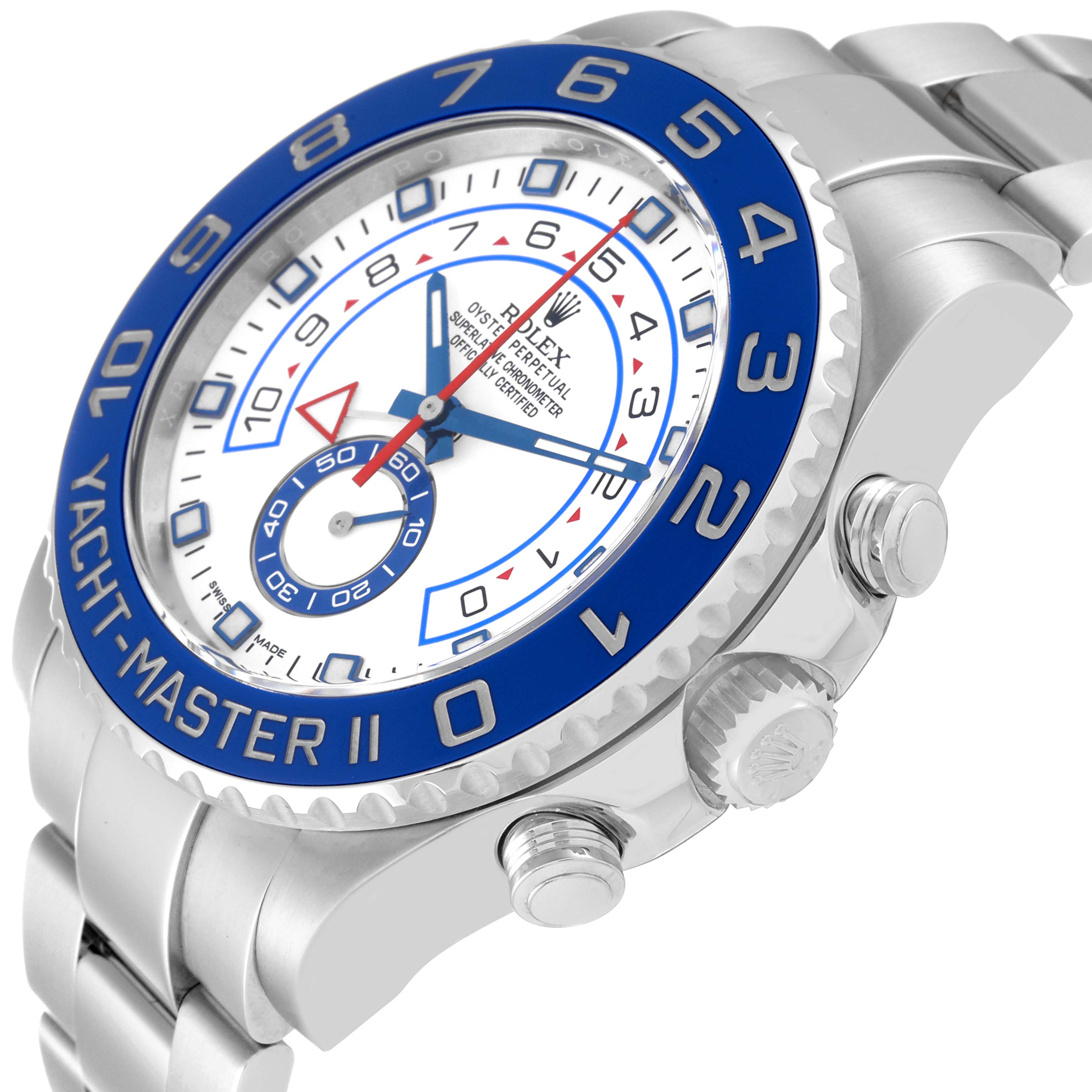 The image shows a side-angle view of the Rolex Yacht-Master 116680 Men
s Stainless Steel White Dial 116680 Men
s Stainless Steel White Dial II watch, highlighting its bezel, dial, crown, and pushers.