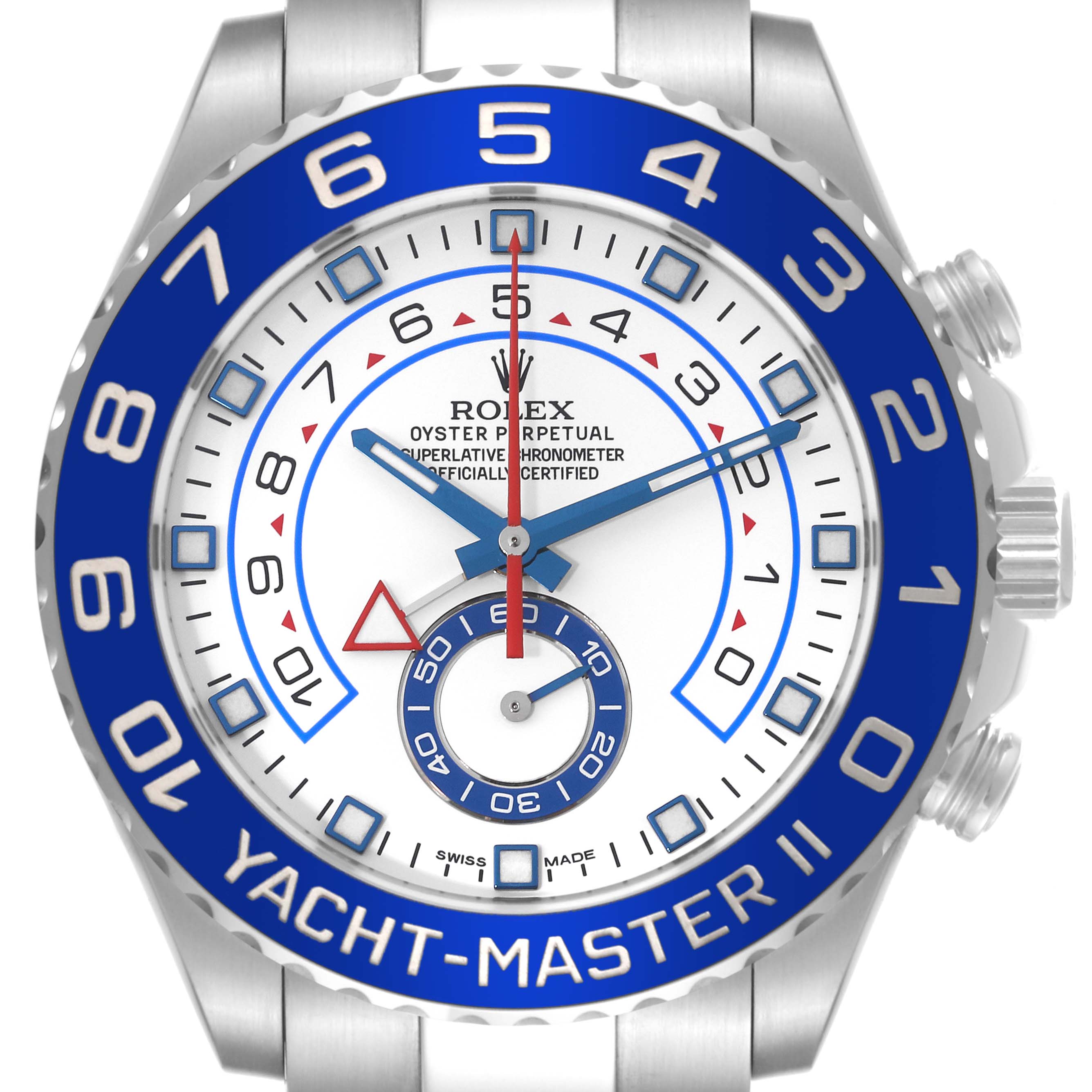 The image shows a front view of a Rolex Yacht-Master 116680 Men
s Stainless Steel White Dial 116680 Men
s Stainless Steel White Dial watch, highlighting the bezel, dial, and markings.