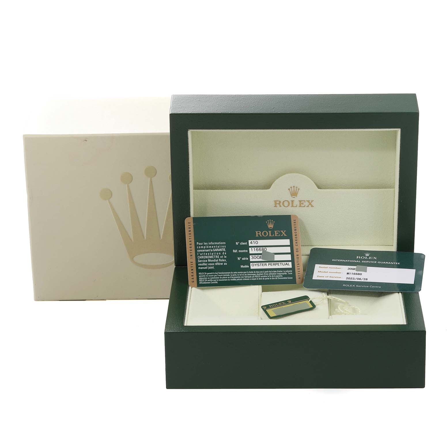 The image shows the packaging, warranty cards, and tags for a Rolex Yacht-Master 116680 Men
s Stainless Steel White Dial 116680 Men
s Stainless Steel White Dial watch, viewed from the front.