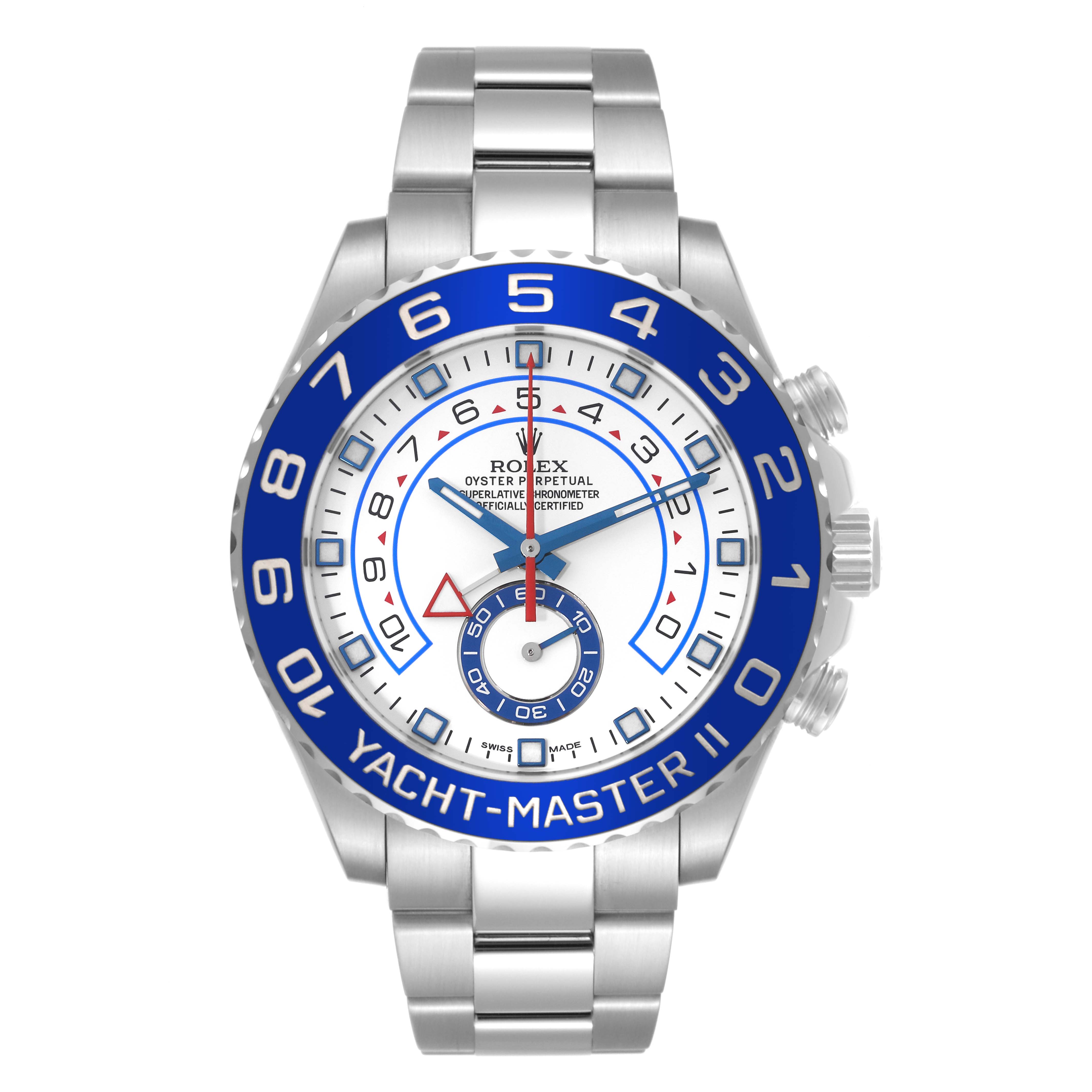This image shows a front view of the Rolex Yacht-Master 116680 Men
s Stainless Steel White Dial 116680 Men
s Stainless Steel White Dial II watch, featuring its face, bezel, and bracelet.