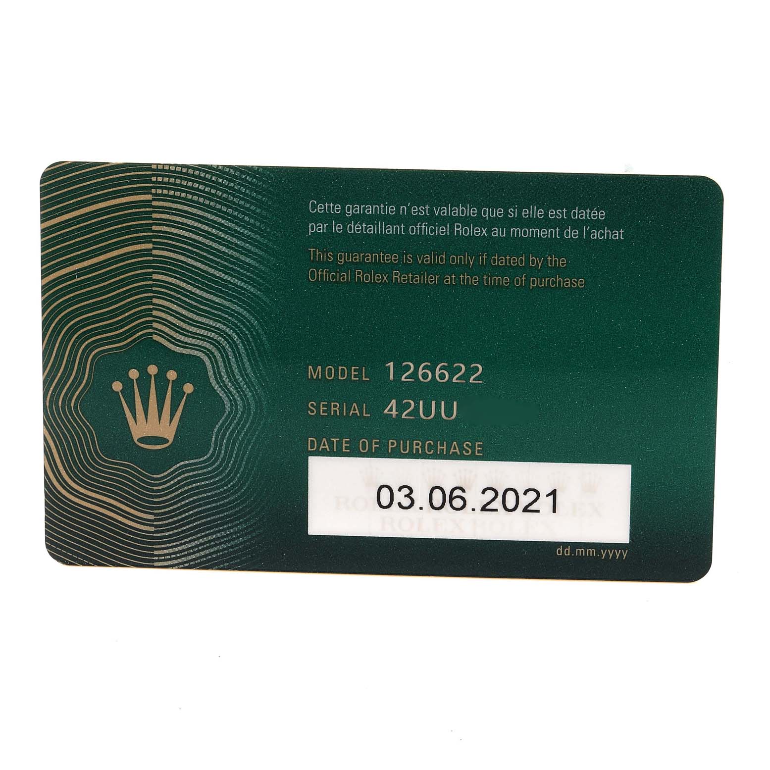 This image shows a guarantee card for the Rolex Yacht-Master 126622 Men
s Stainless Steel Grey Dial 126622 Men
s Stainless Steel Grey Dial model 126622, including the serial number and purchase date.