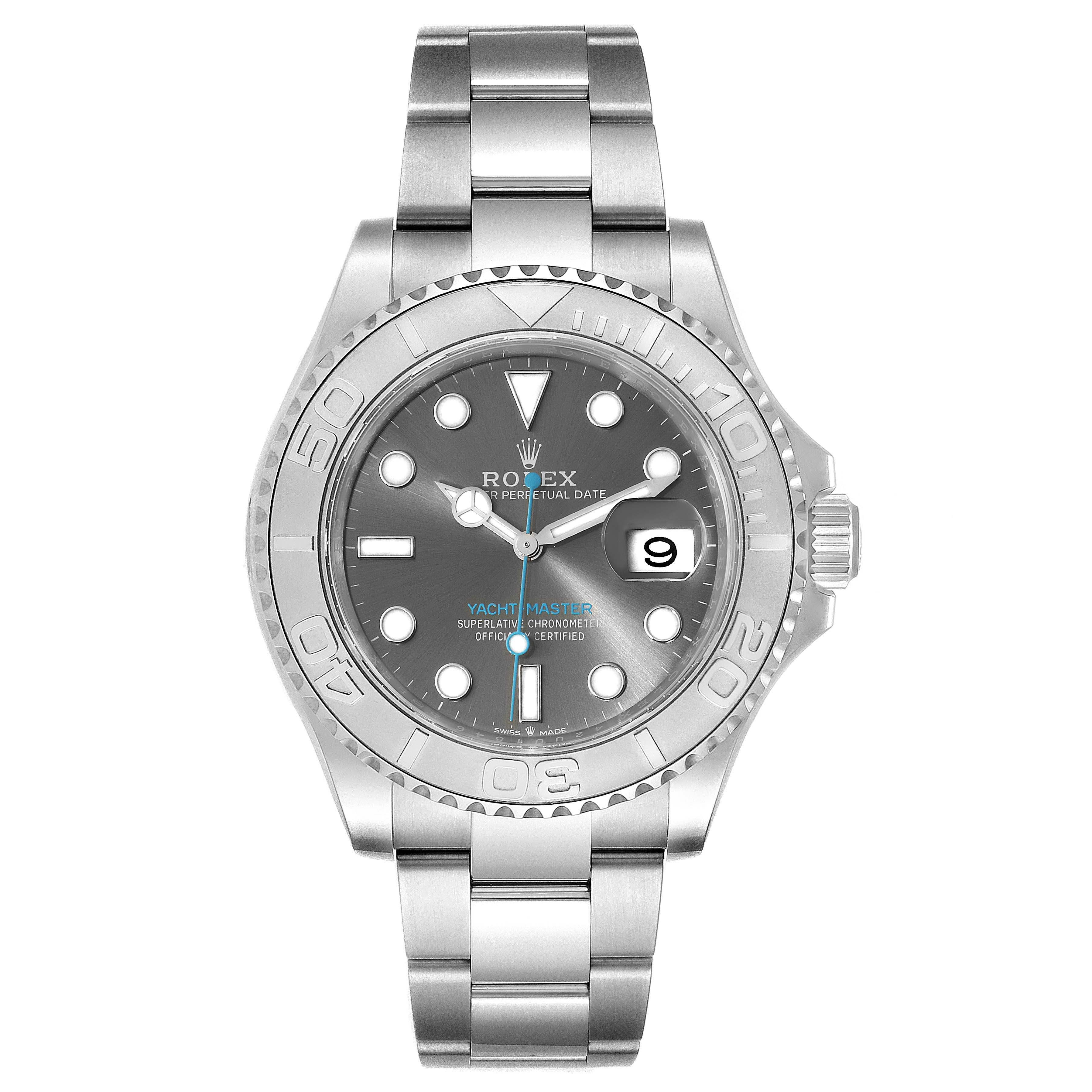 This image shows a front view of the Rolex Yacht-Master 126622 Men
s Stainless Steel Grey Dial 126622 Men
s Stainless Steel Grey Dial watch, displaying the face, bezel, and bracelet.