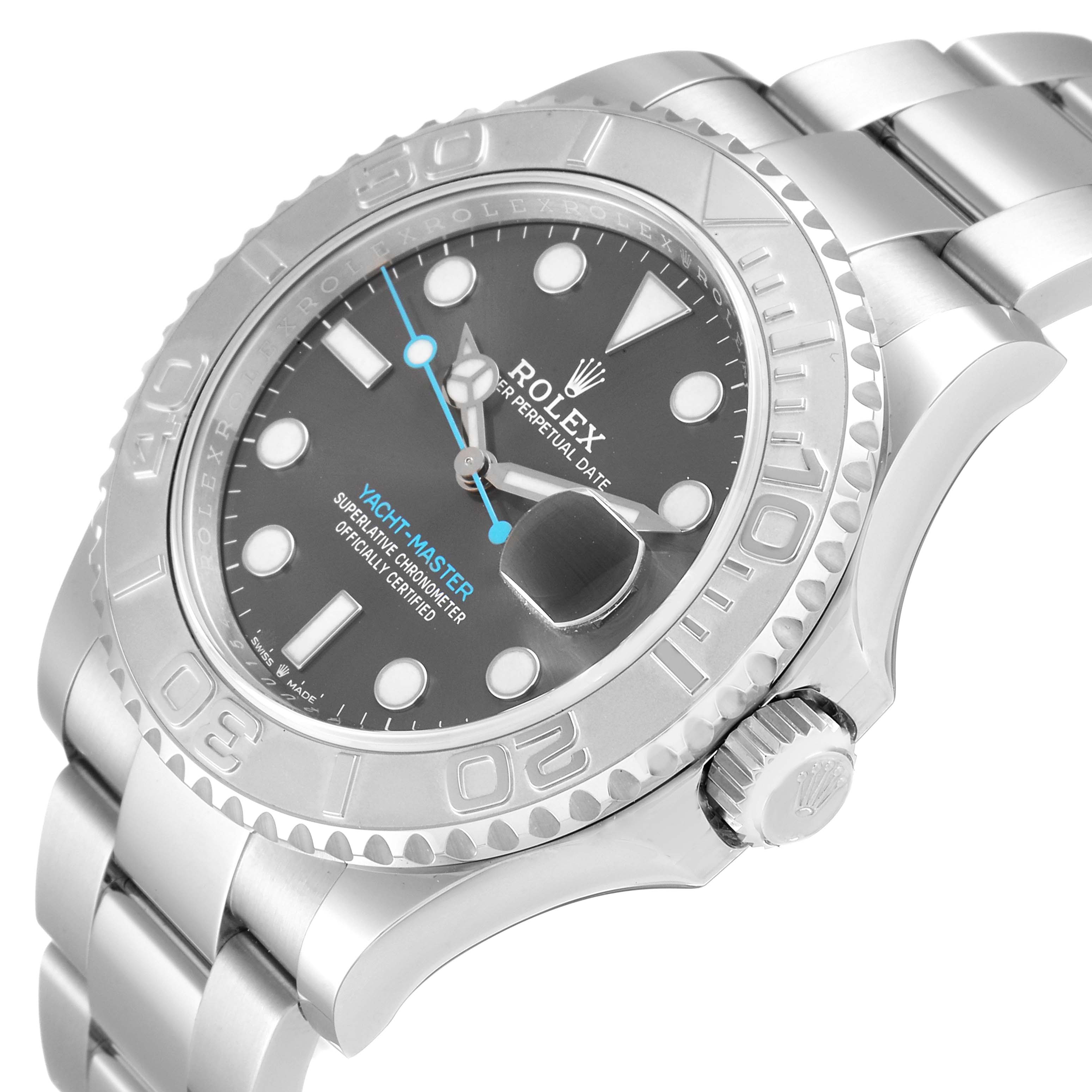 The Rolex Yacht-Master 126622 Men
s Stainless Steel Grey Dial 126622 Men
s Stainless Steel Grey Dial watch is shown at an angle highlighting the dial, bezel, crown, and part of the bracelet.
