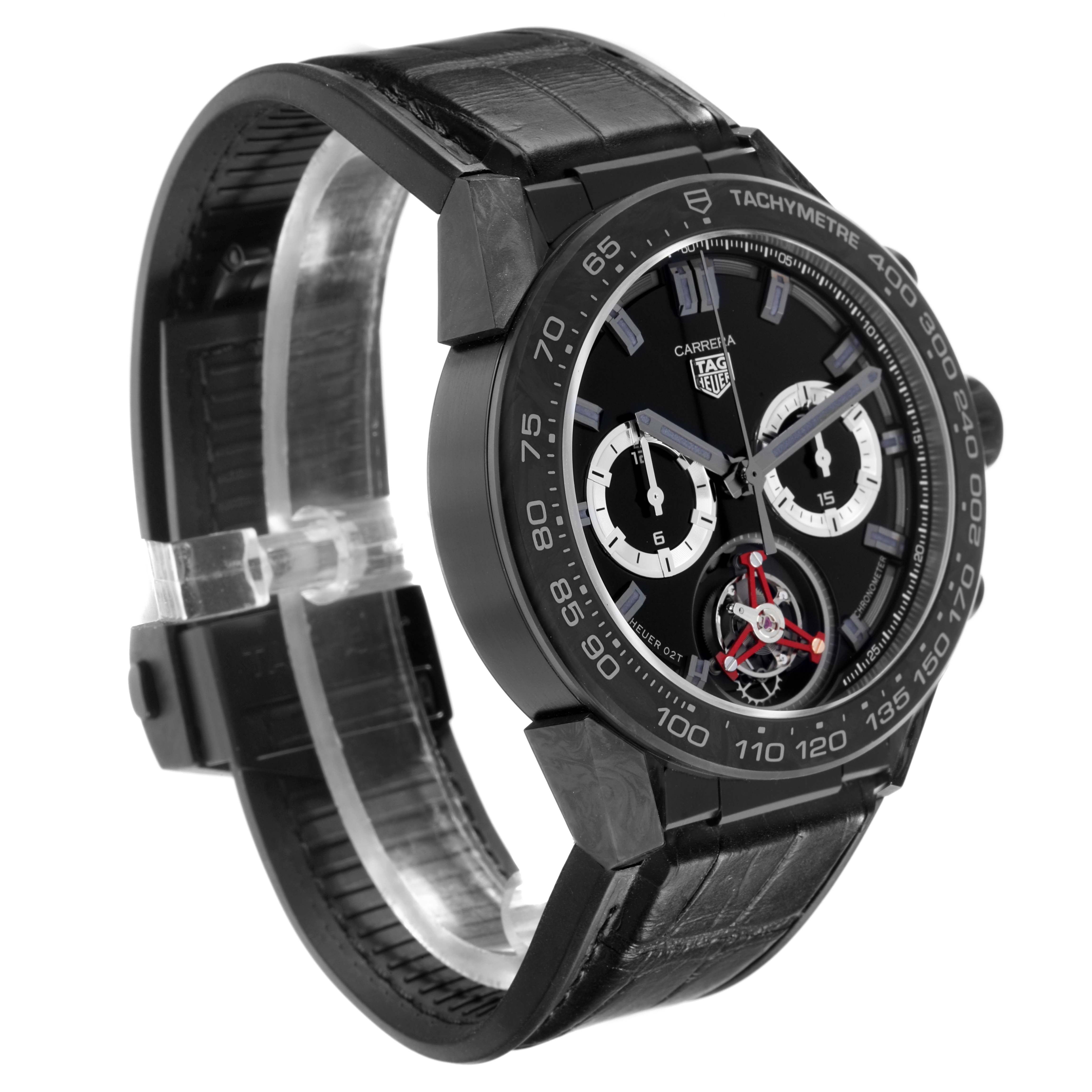 The Tag Heuer Carrera CAR5A8AD Men
s Titanium Black Dial CAR5A8AD Men
s Titanium Black Dial watch is shown at a slight angle, highlighting its face, tachymeter, and part of the strap.