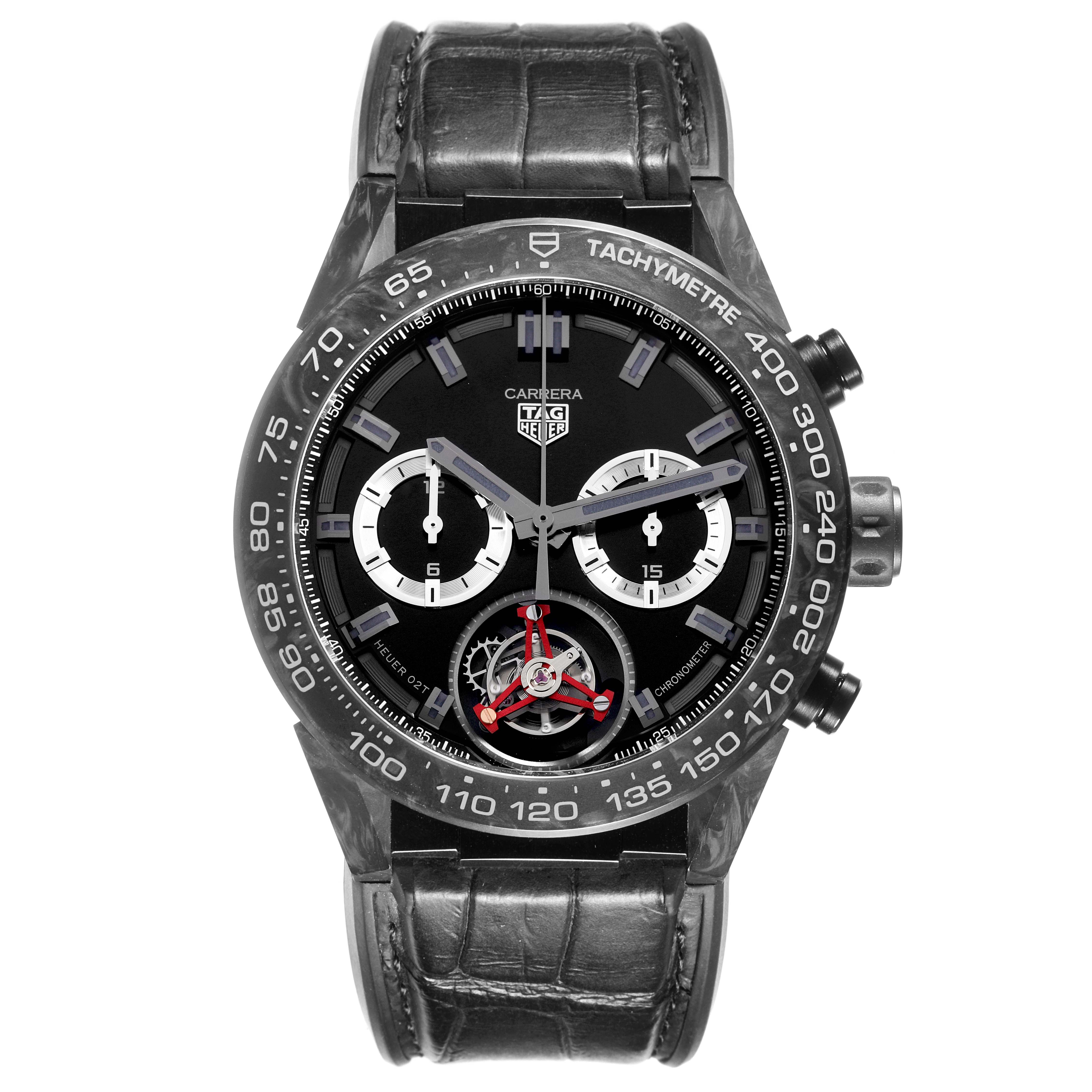 The image shows a front view of the Tag Heuer Carrera CAR5A8AD Men
s Titanium Black Dial CAR5A8AD Men
s Titanium Black Dial watch, highlighting its dial and tachymeter bezel.