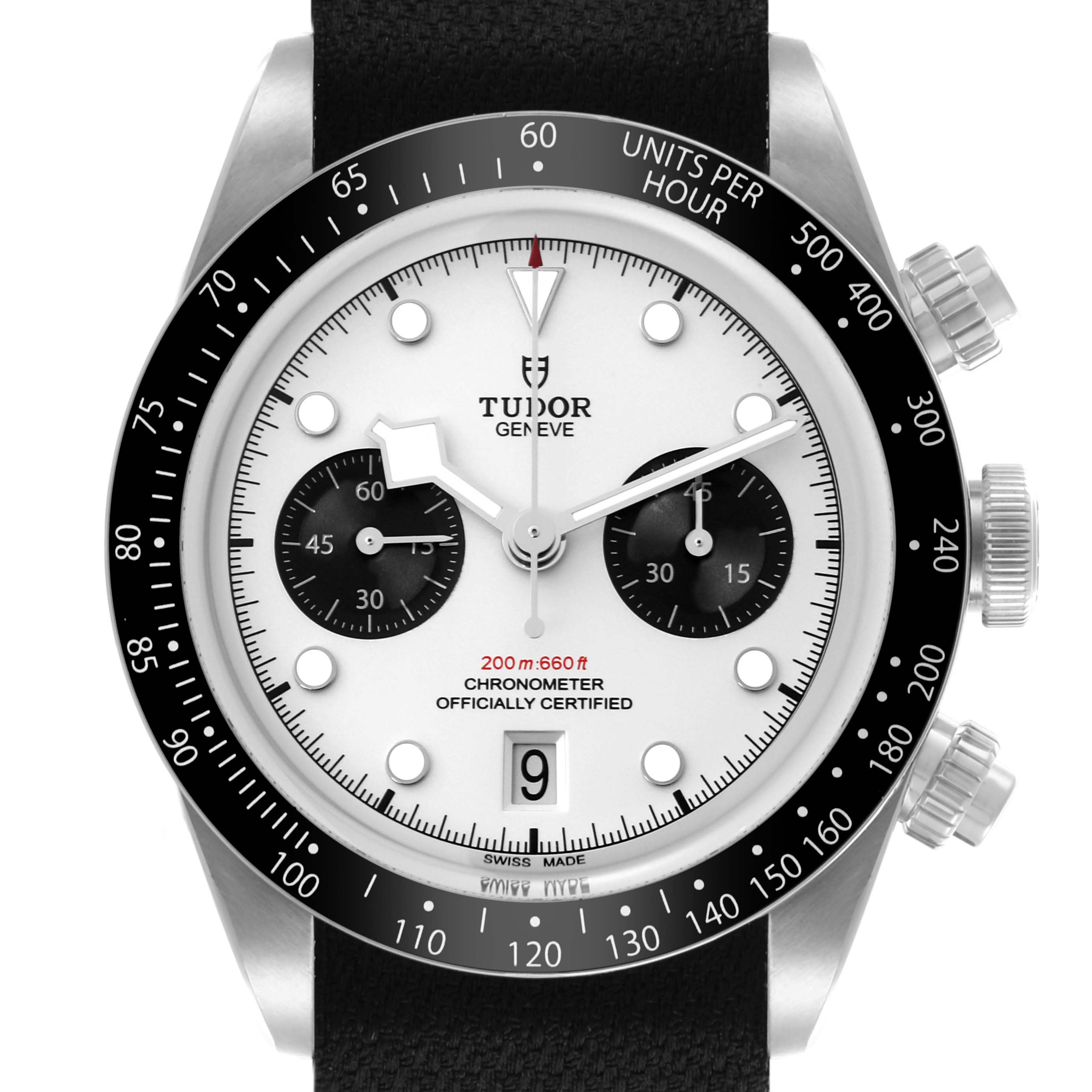 The Tudor Heritage Black Bay watch is shown from the front, displaying its dial, bezel, and chronograph features.