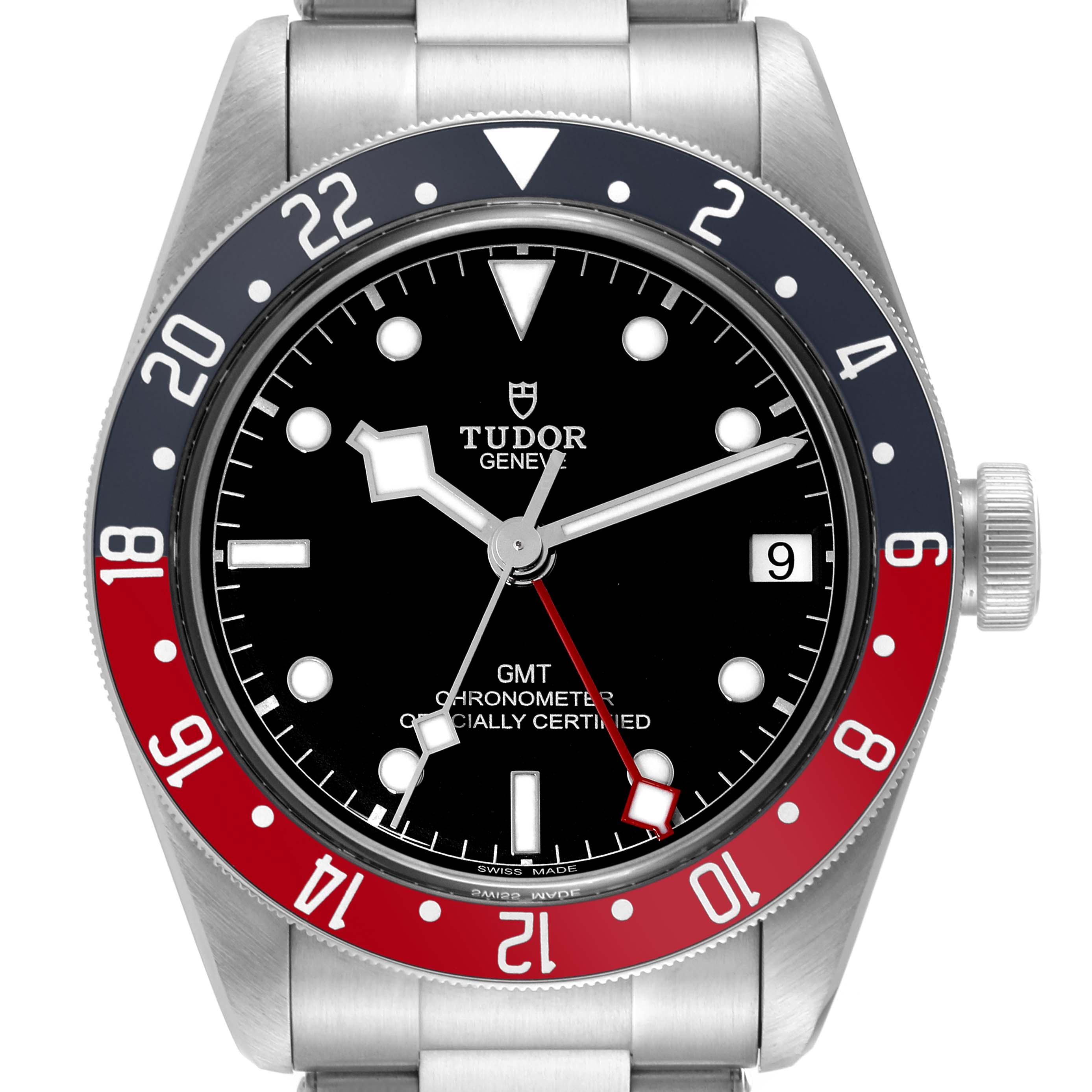 This image shows a close-up of the Tudor Heritage Black Bay 79830RB Men
s Stainless Steel Black Dial 79830RB Men
s Stainless Steel Black Dial GMT watch, highlighting the dial, bezel, and partially the bracelet.
