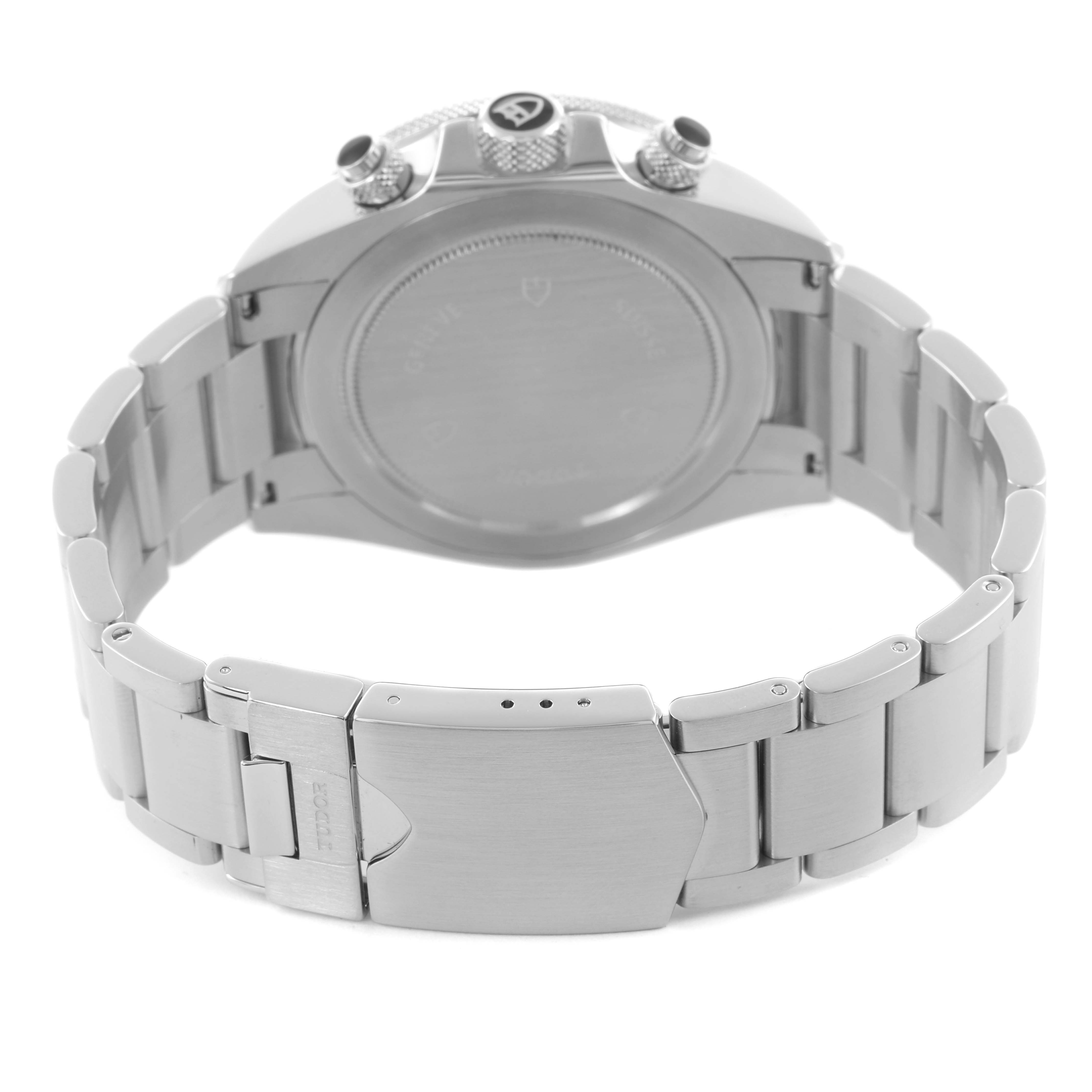 The image shows the back view of the Tudor Heritage Chrono 70330N Men's Stainless Steel Grey Dial 70330N Men's Stainless Steel Grey Dial, focusing on the case back and bracelet clasp.