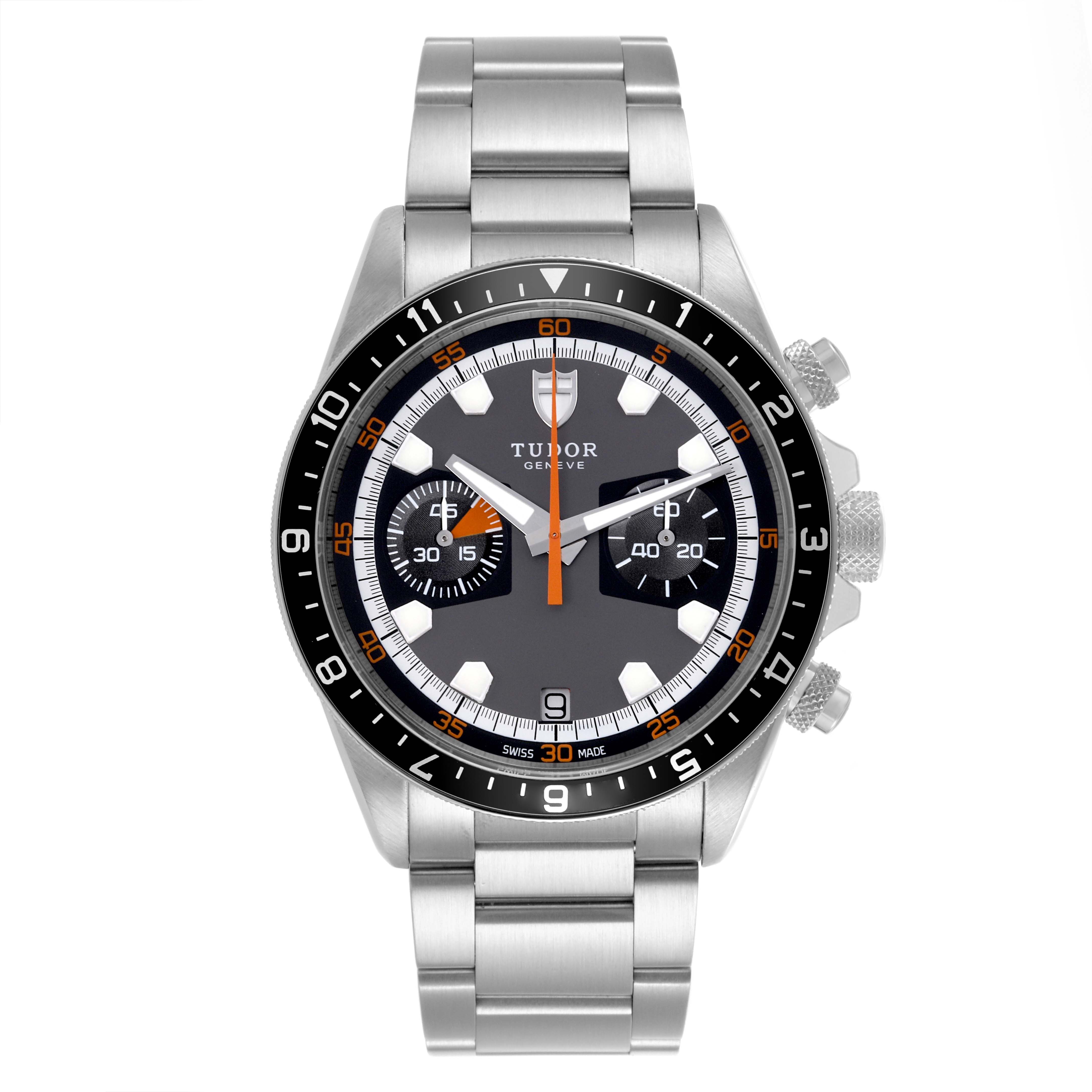 The Tudor Heritage Chrono 70330N Men's Stainless Steel Grey Dial 70330N Men's Stainless Steel Grey Dial watch is shown from the front, displaying the face, bezel, hands, and metal bracelet.