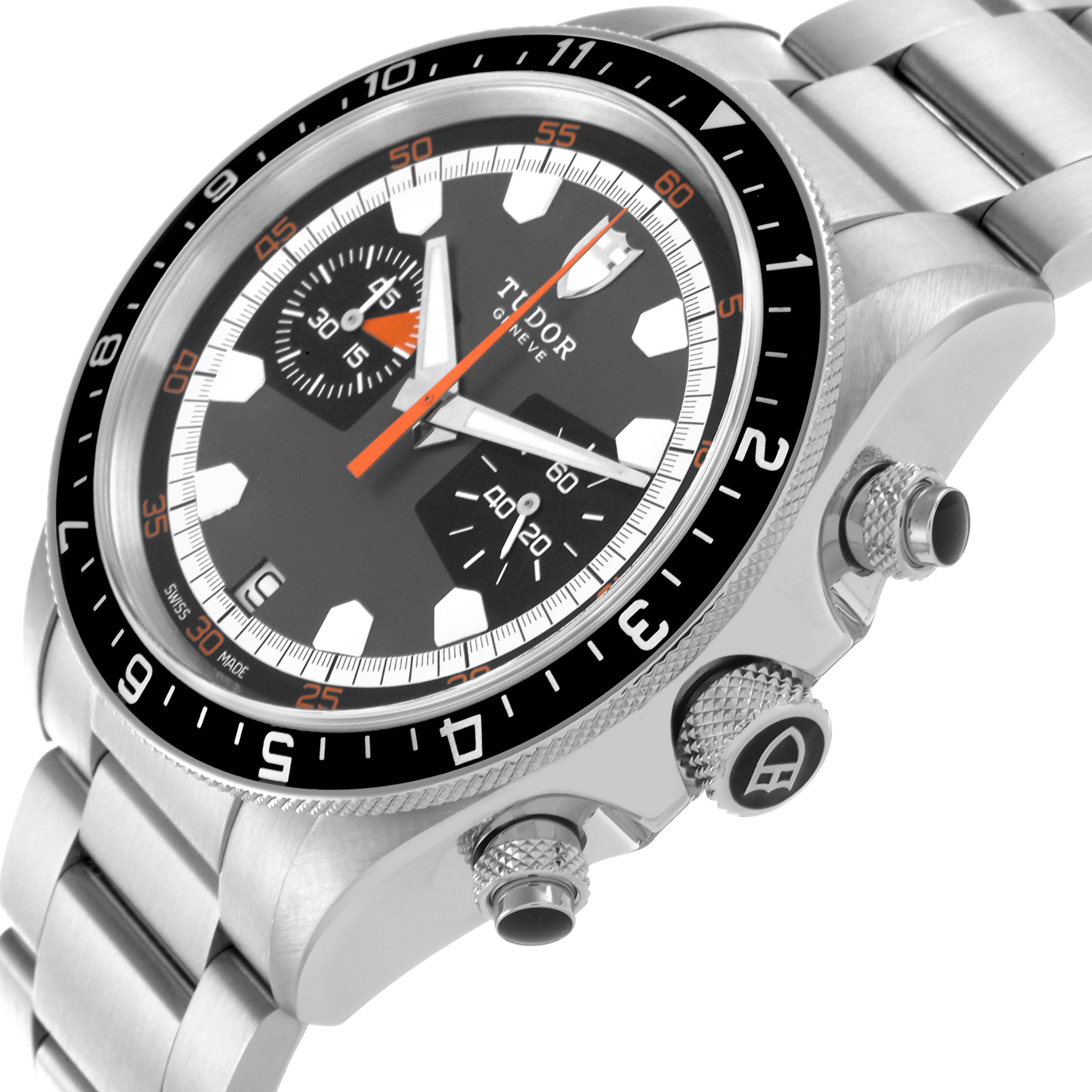 The Tudor Heritage Chrono 70330N Men's Stainless Steel Grey Dial 70330N Men's Stainless Steel Grey Dial is shown at an angle highlighting the dial, bezel, pushers, and part of the metal bracelet.