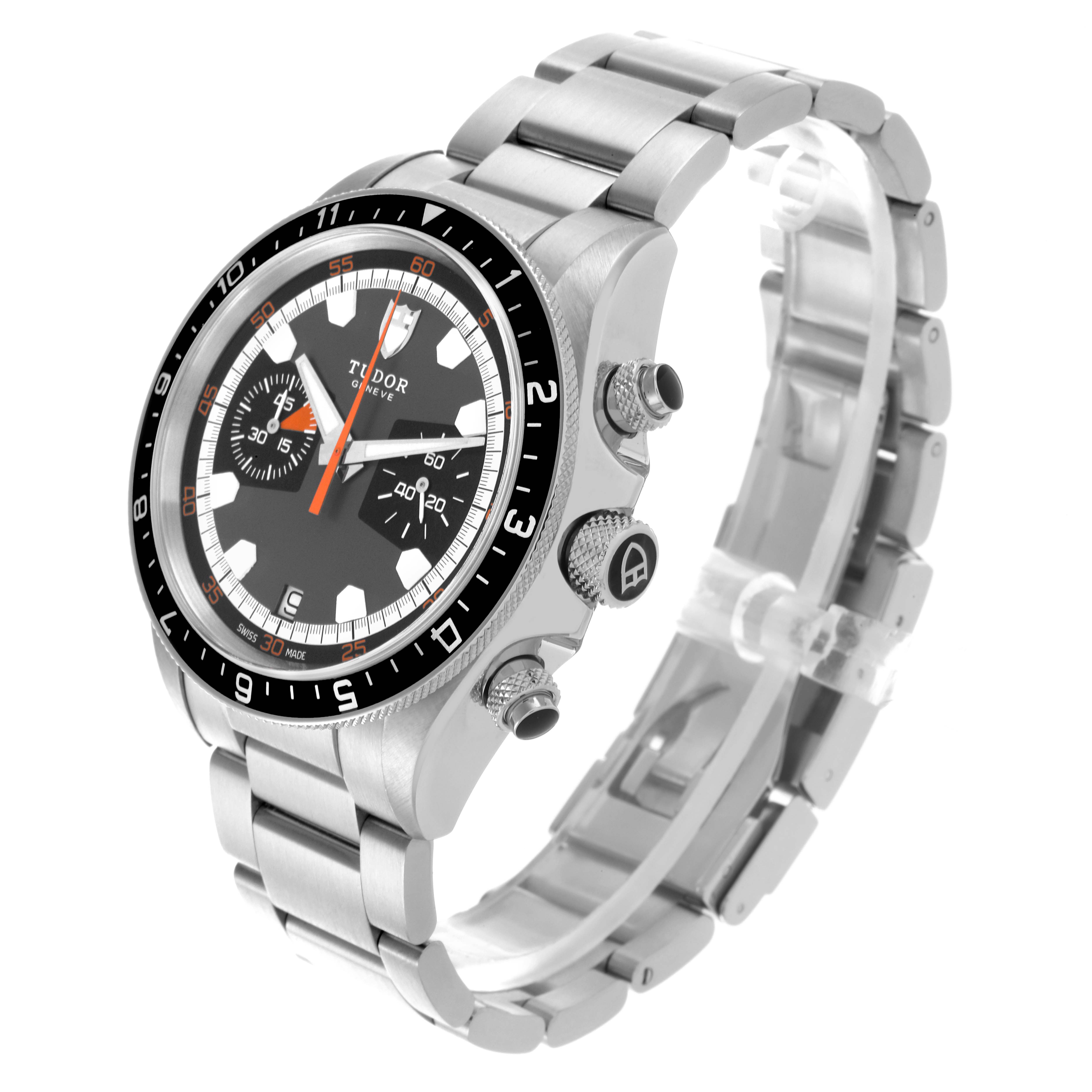 The Tudor Heritage Chrono 70330N Men's Stainless Steel Grey Dial 70330N Men's Stainless Steel Grey Dial watch is shown at a three-quarter angle, highlighting the face, bezel, pushers, and metal bracelet.