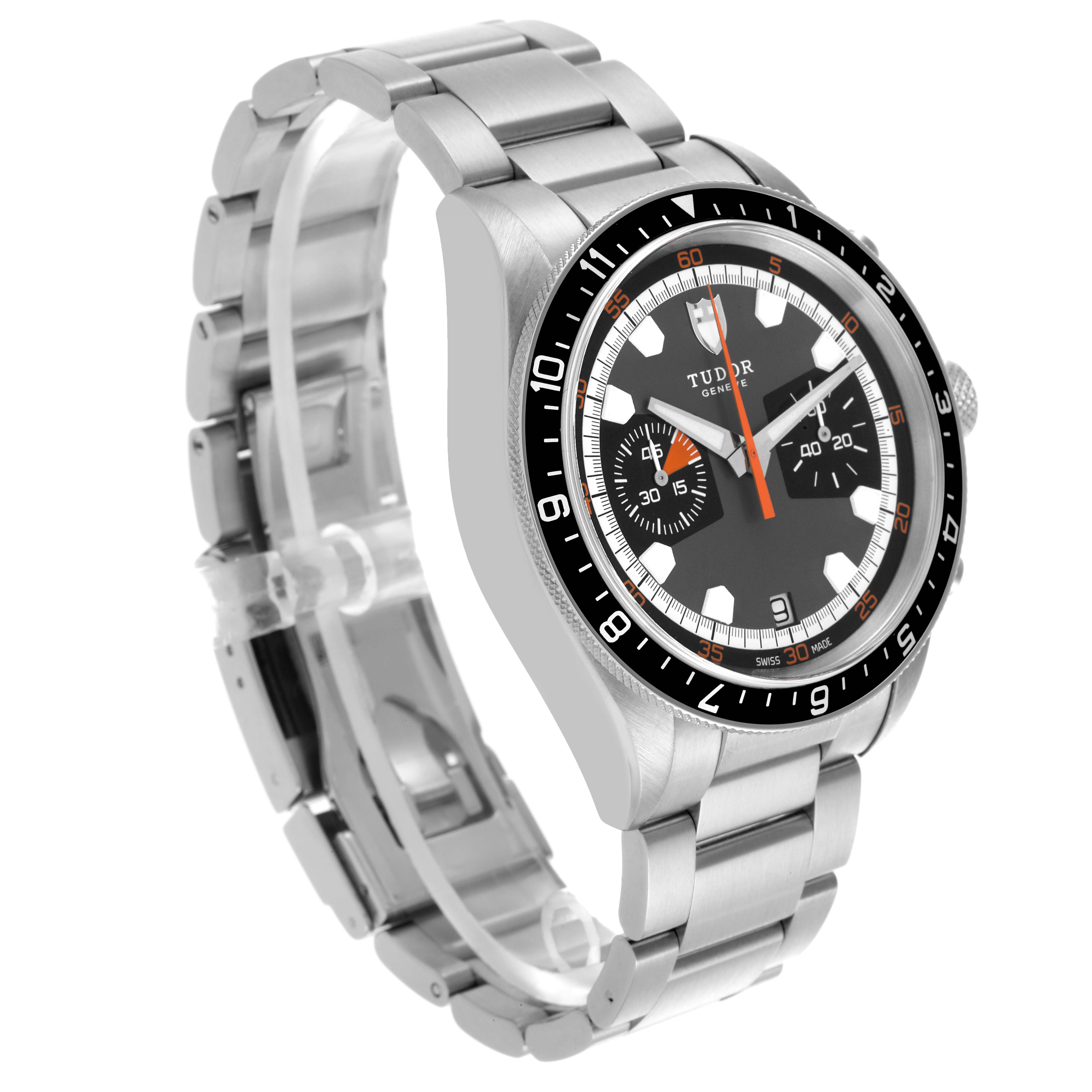 The Tudor Heritage Chrono 70330N Men's Stainless Steel Grey Dial 70330N Men's Stainless Steel Grey Dial is shown at a front-left angle, displaying the face, bezel, and stainless steel bracelet.