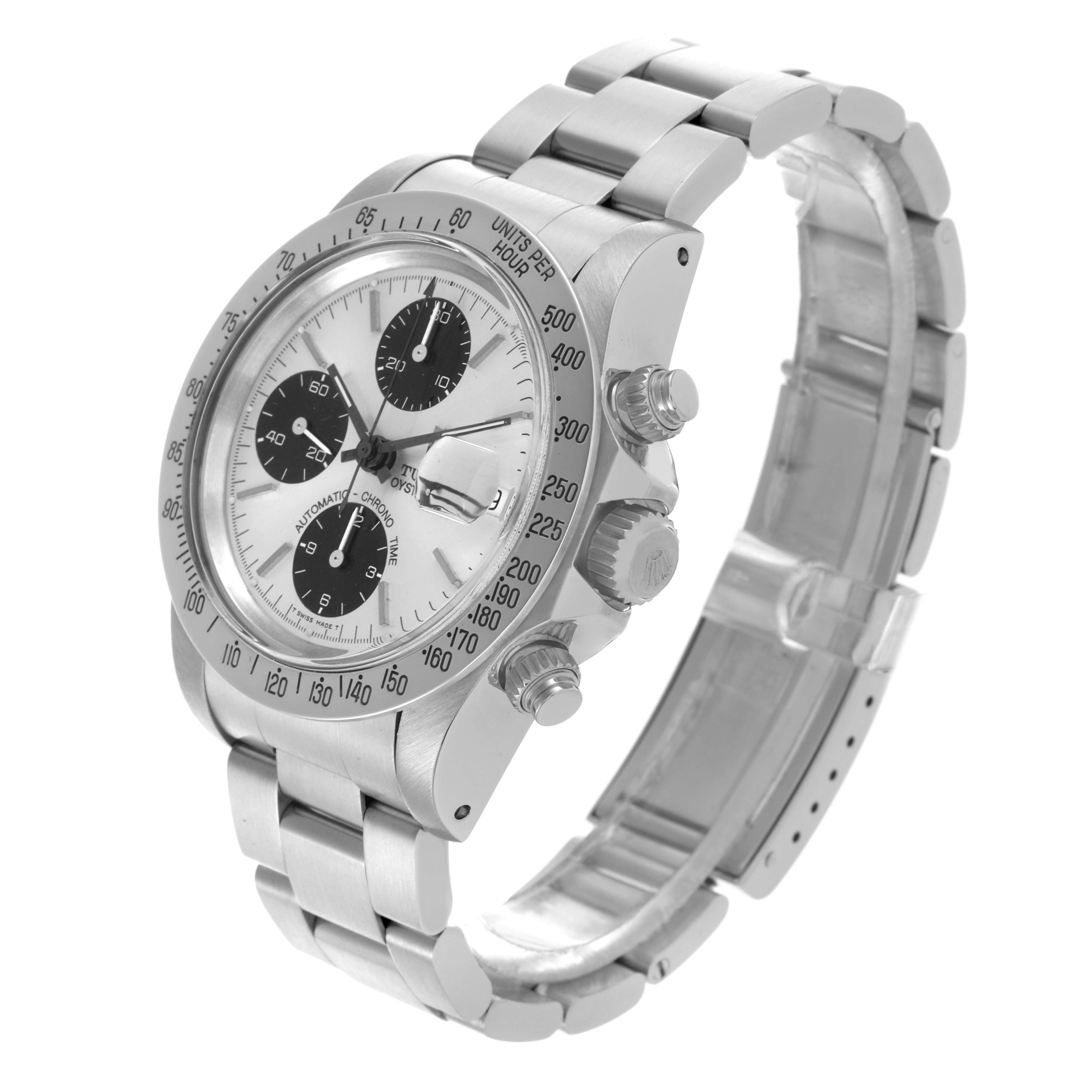 The Tudor Prince 79180 Men's Stainless Steel Silver Dial model watch is shown at a three-quarter angle, displaying its face, bezel, pushers, and bracelet.