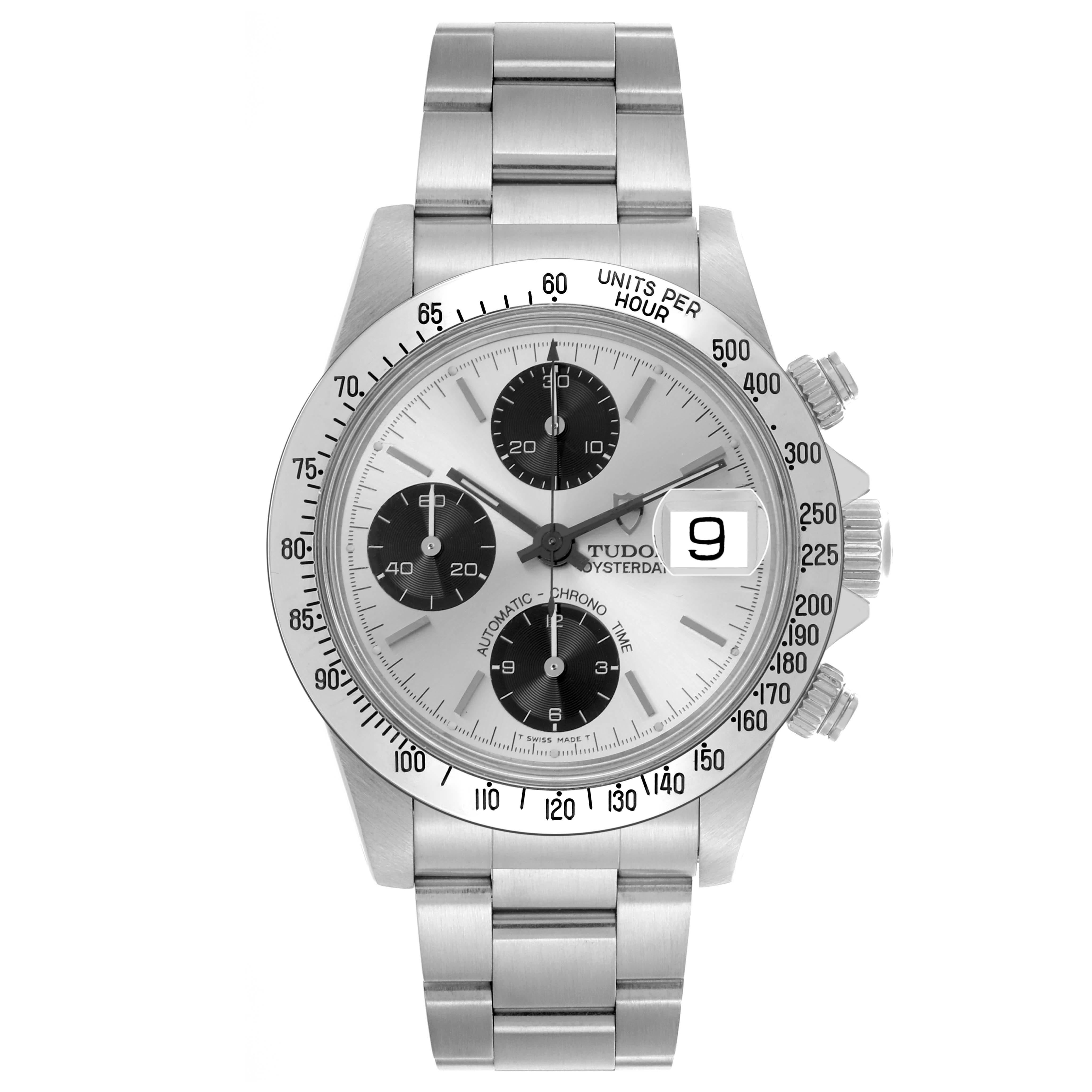 The Tudor Prince 79180 Men's Stainless Steel Silver Dial model is shown from the front, displaying its silver dial, chronograph subdials, bezel, and metal bracelet.
