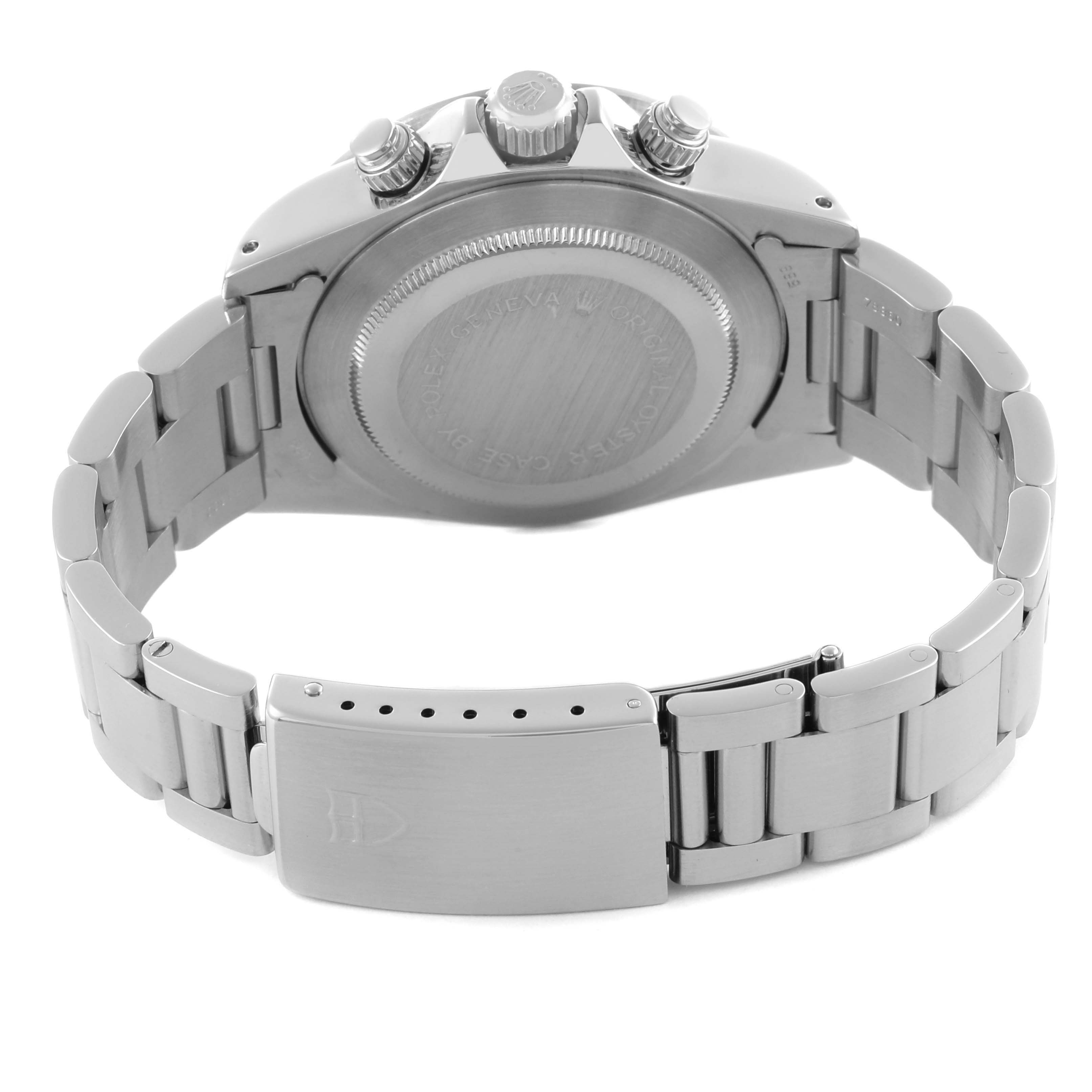 The image shows the Tudor Prince 79180 Men's Stainless Steel Silver Dial watch from the back, highlighting the case back, bracelet, and clasp.