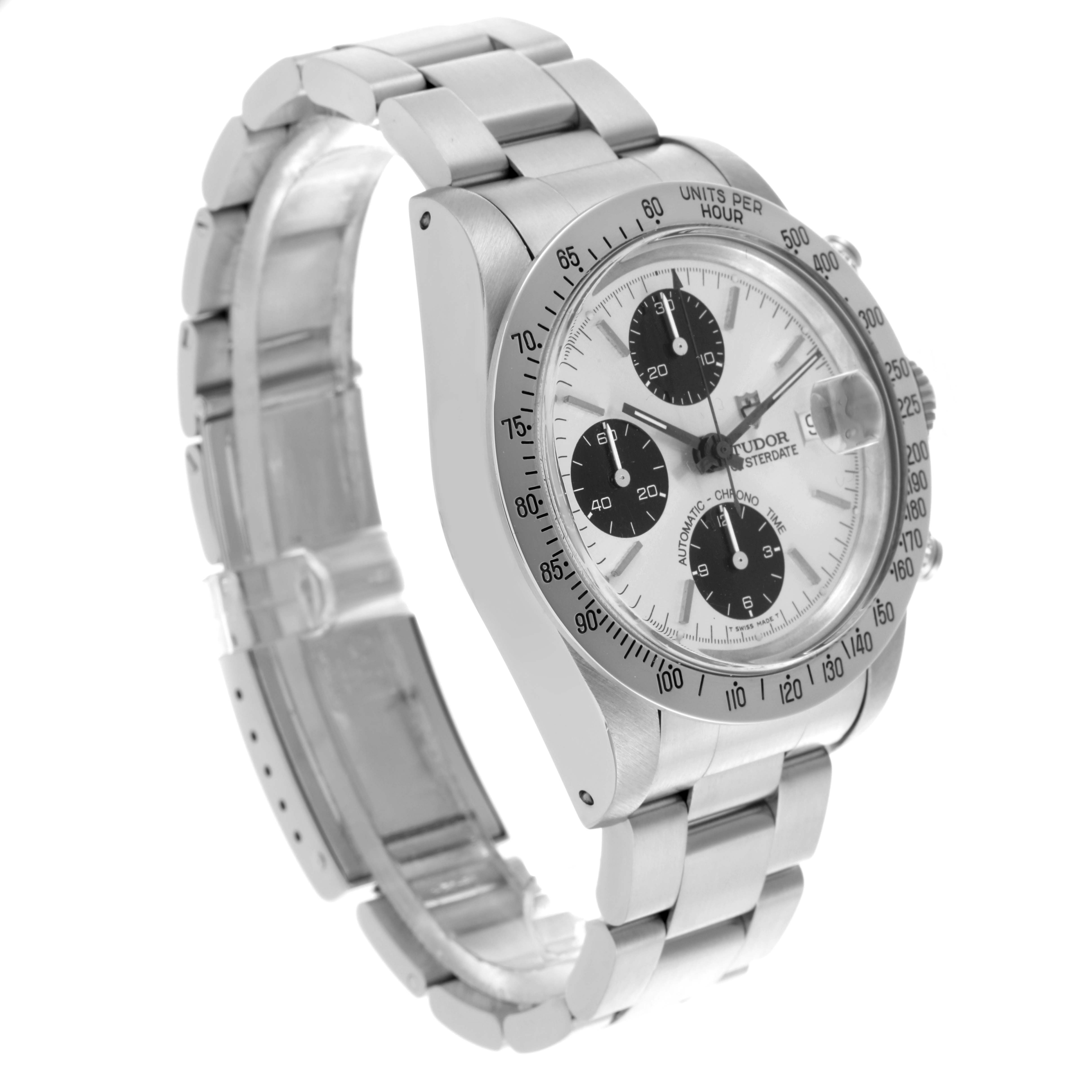 The image shows a side angle of the Tudor Prince 79180 Men's Stainless Steel Silver Dial model displaying the bracelet, case, bezel, and dial.