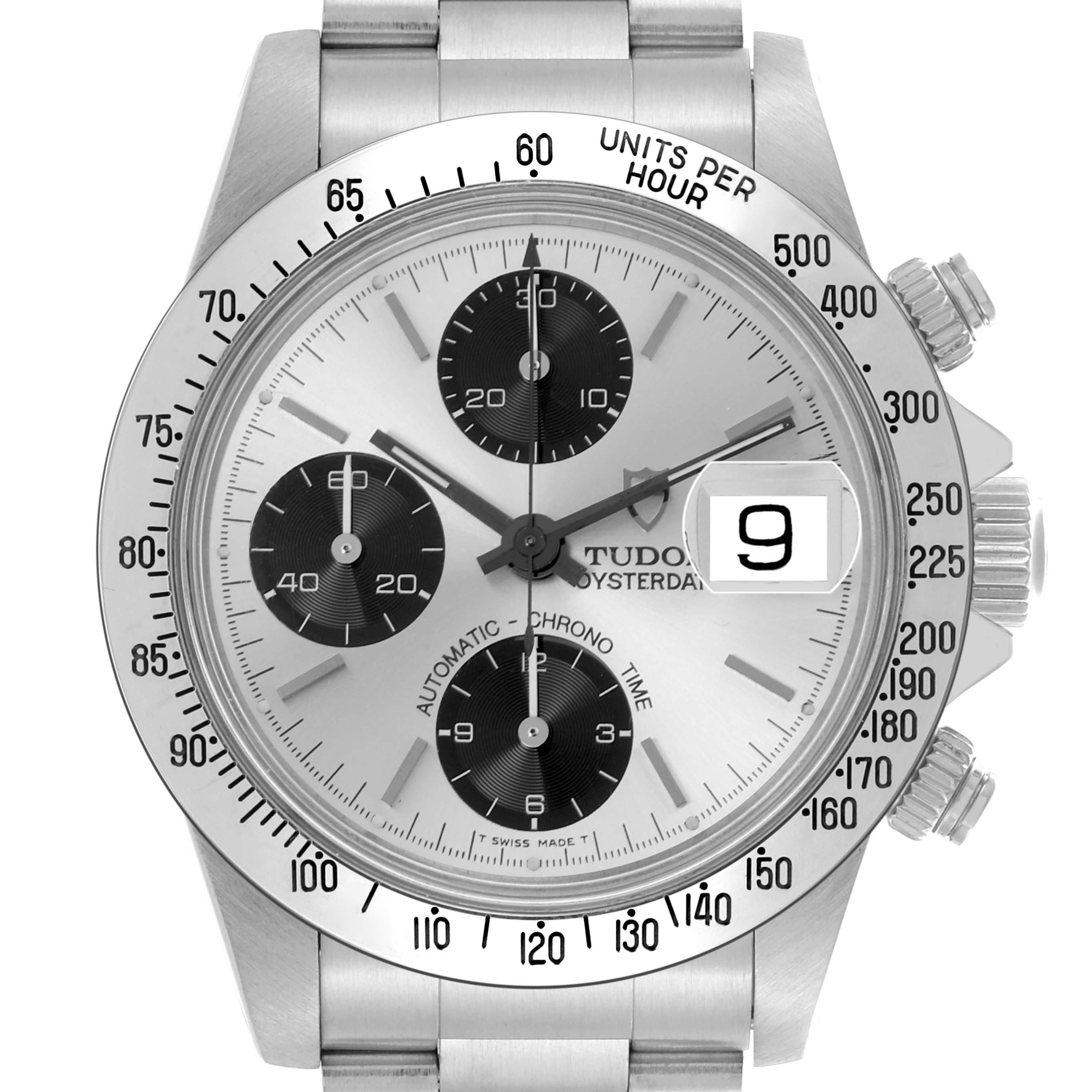 The Tudor Prince 79180 Men's Stainless Steel Silver Dial watch is shown from a direct front angle, displaying its dial, chronographs, bezel, and date window.